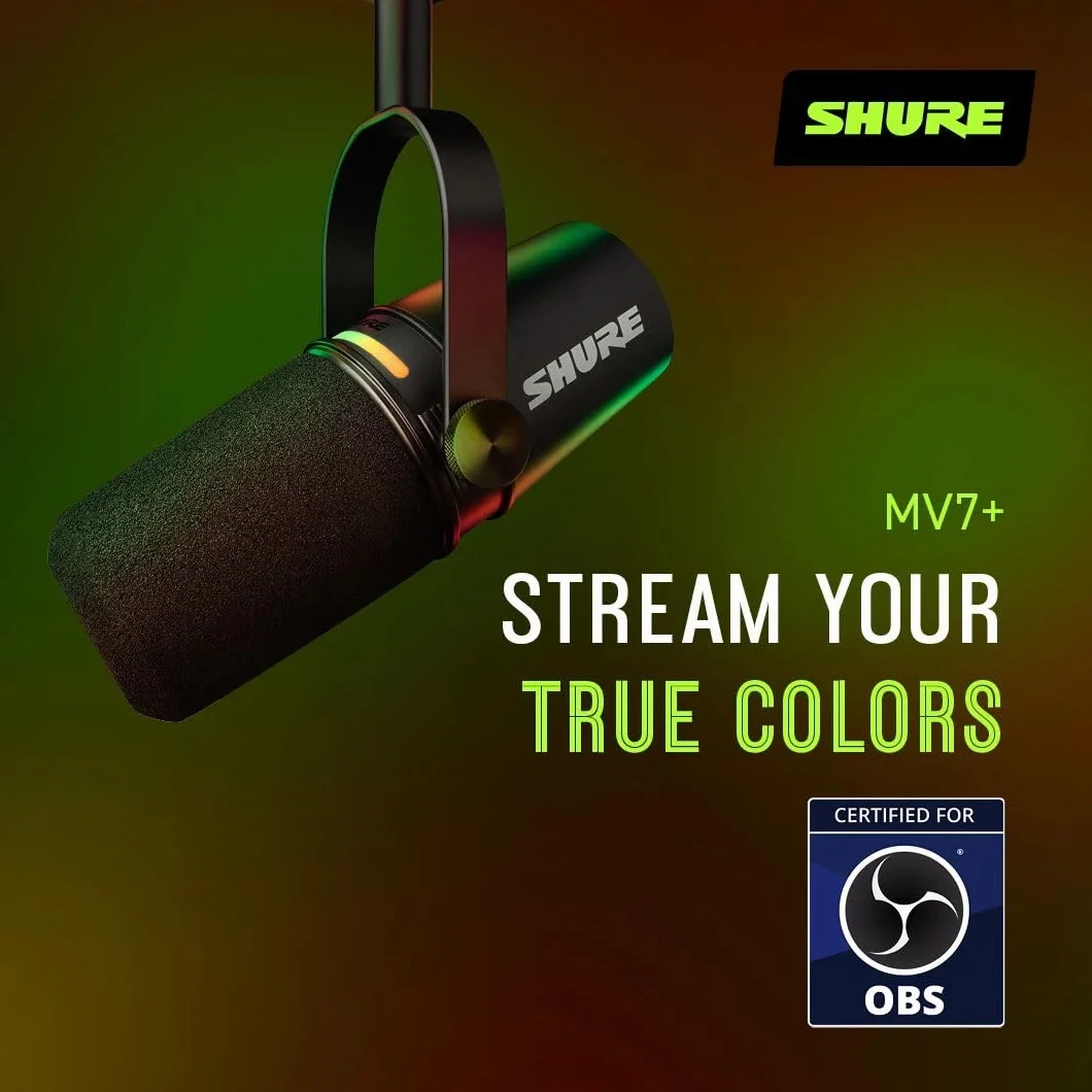 Shure MV7+ Micrófono para Podcast con Soporte de micrófono-Audio Mejorado, Panel táctil LED, Salidas USB-C y XLR, Modo de nivelación automática, Filtro Pop Digital, Efectos de reverberación - Negro