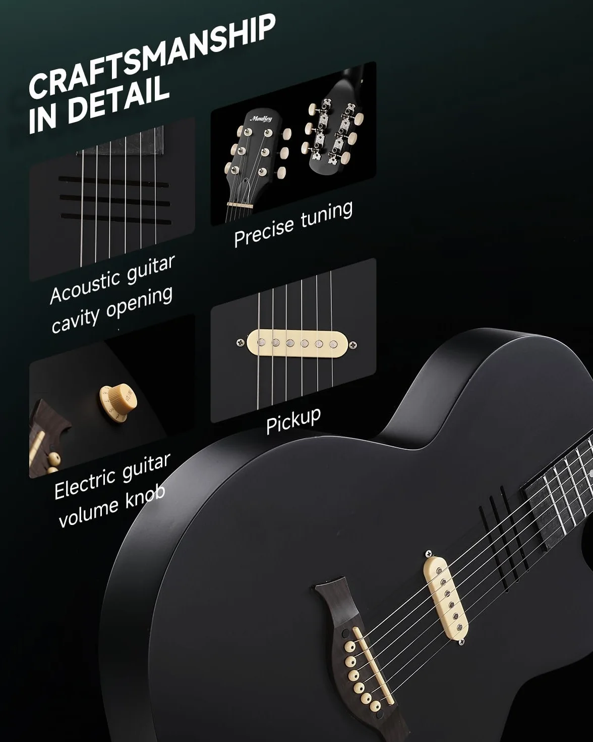 Moukey BCC-100 Guitarra electroacústica de 39 pulgadas con cutaway, pastilla pasiva, funda, correa, púas, afinador y cejilla, modo acústico y eléctrico, Negro