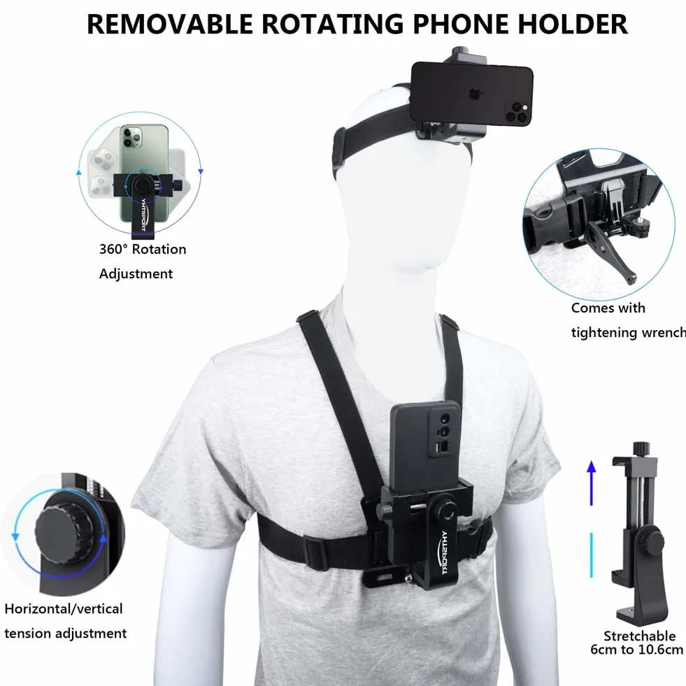 Arnés de Pecho Soporte de Pecho, Arnés de Cabeza para Action CAM, Arnés de Soporte de Teléfono + Correa de Cabeza Compatible con GoPro y Otras Cámaras de Acción