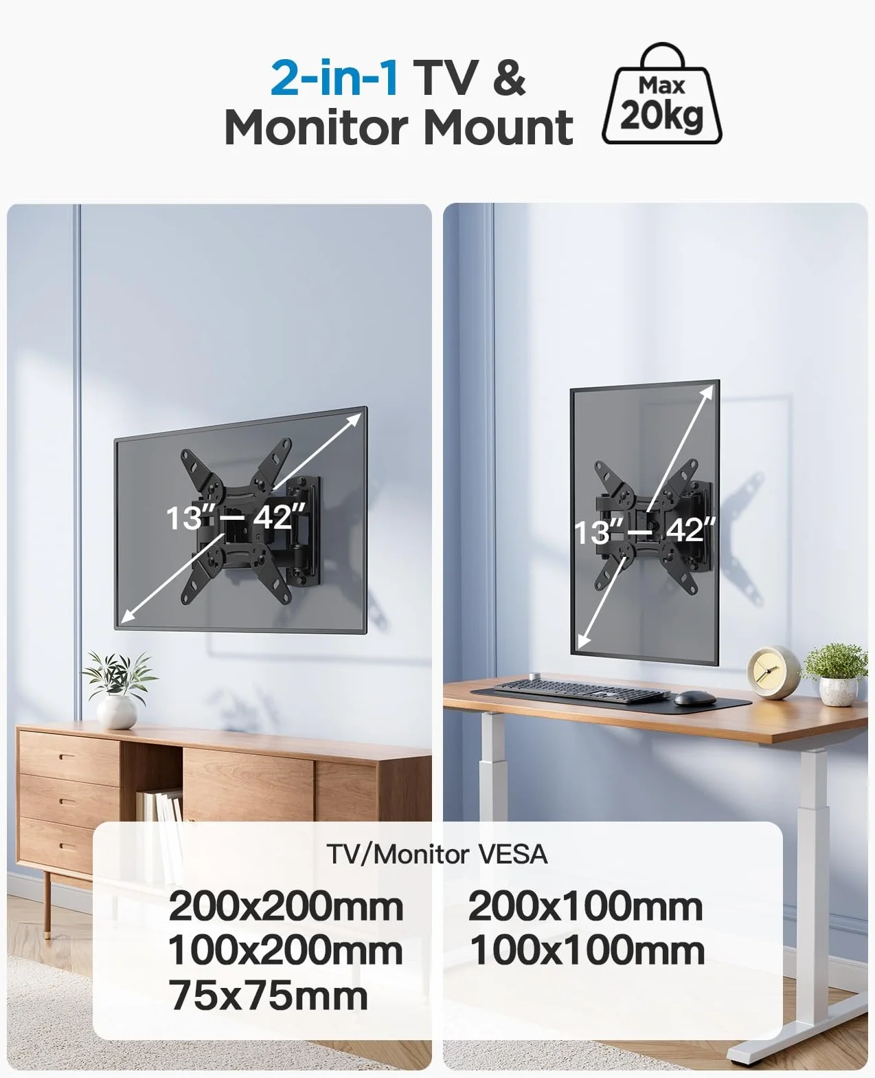 PERLESMITH Soporte TV Pared Inclinable Giratorio 360° 13-42 Pulgadas VESA 200x200mm 20kg