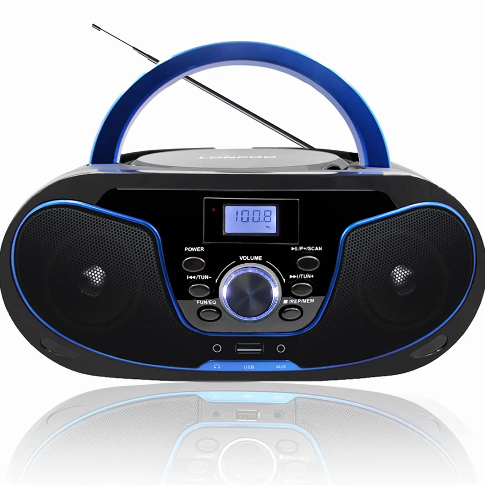 LONPOO Reproductor de CD portátil Boombox estéreo con Radio FM Bluetooth USB AUX Compacto CA o batería