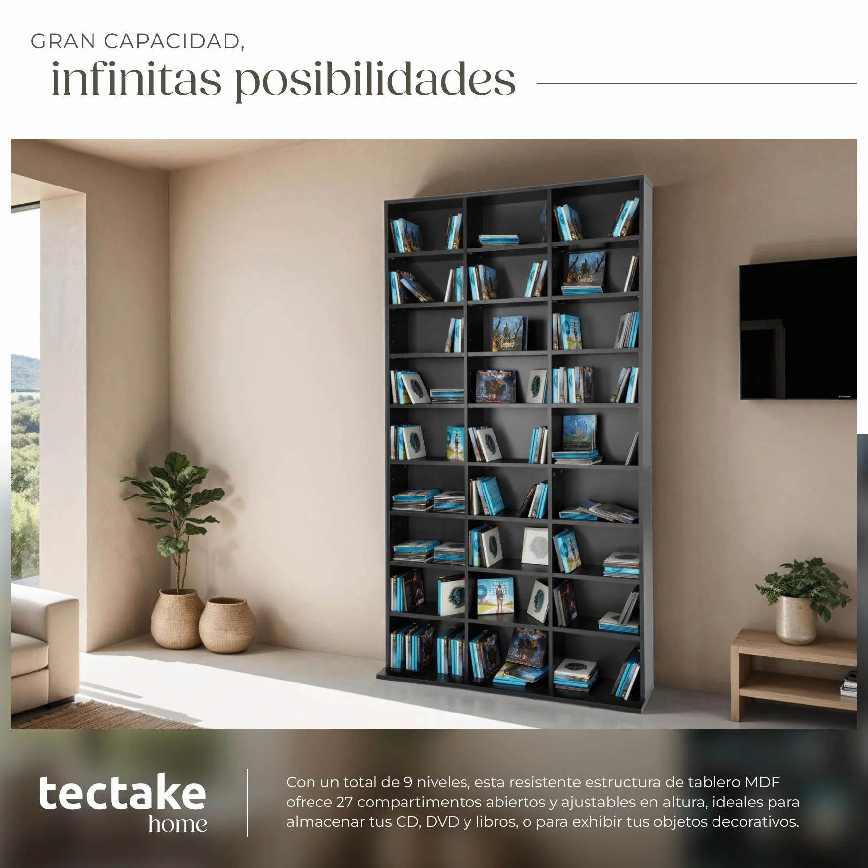 tectake® Estanteria Pared para CD/DVD, Almacenaje 1080 CDs, 27 Estantes, Fácil de Montar, Estable, Madera MDF, Metal, Estanteria Libros, Librería, Estantería de Pared, Mueble de Salon - Negro