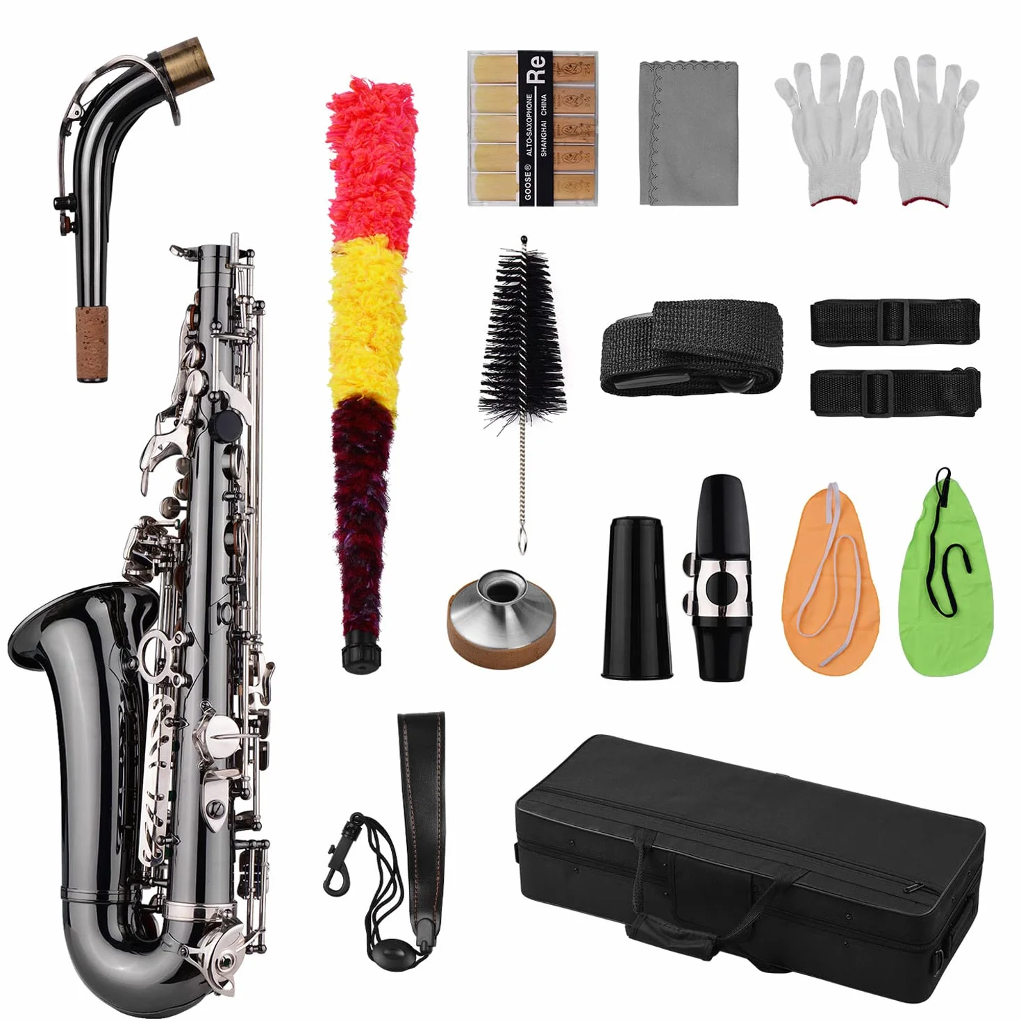 Saxofón alto profesional de latón Bend Eb E-flat Saxofón alto chapado en níquel negro llaves de concha de abulón con funda de transporte guantes paño de limpieza correas cepillo de grasa QUKAN
