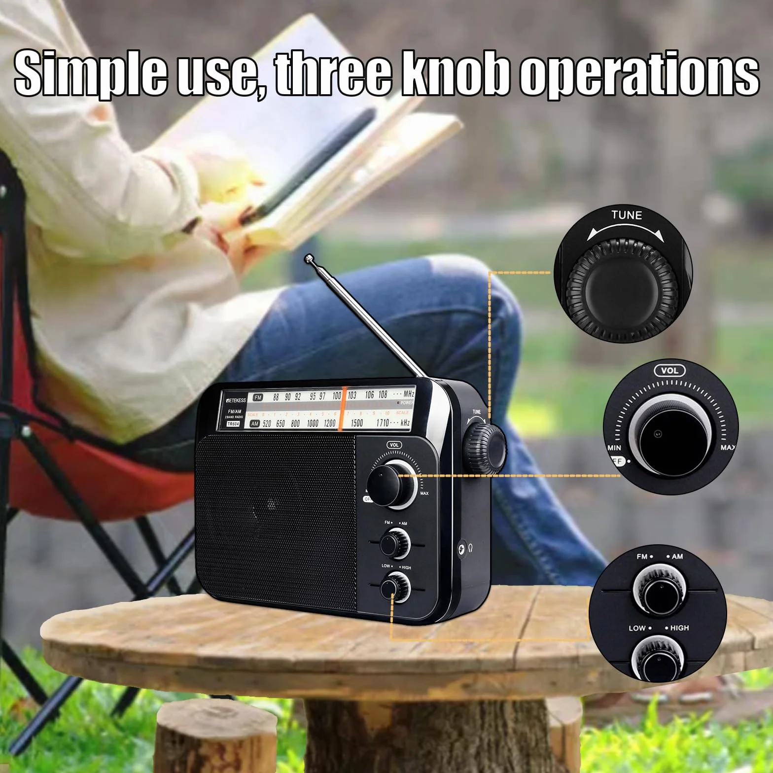 Retekess TR604 Radio portátil, Radio Am FM,Perilla Grande, Altavoz Grande,Admite Ajuste de Agudos y Graves, Fácil y Simple de Usar, Adecuado para Personas Mayores