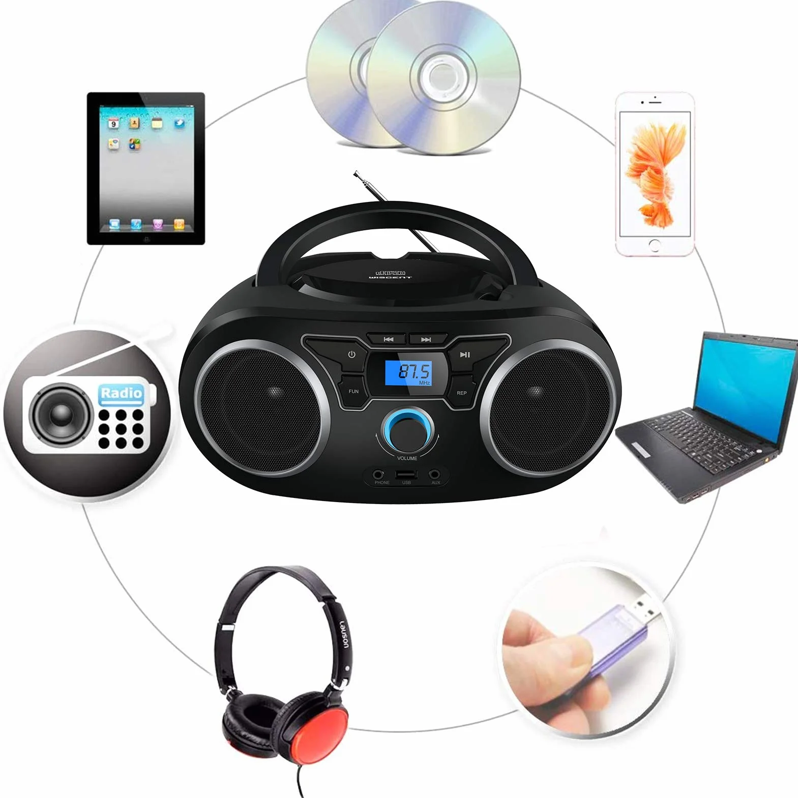 Reproductor de CD, portátil con Bluetooth, Radio FM portátil estéreo con Sonido cristalino, reproducción de CD MP3, Entrada USB/AUX, CD para niños