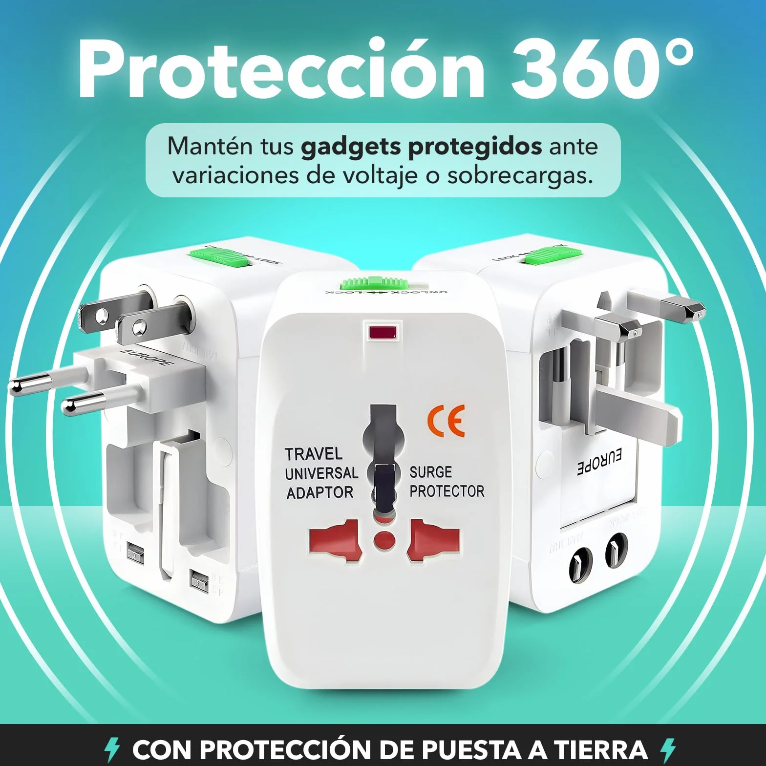 Pack de 2 – Adaptador Enchufe Universal de Viaje, Travel Adapter, Toma Internacional de Corriente, Todo en Uno – Compatible con más de 150 Países (Europa, Australia, UK, USA y más)