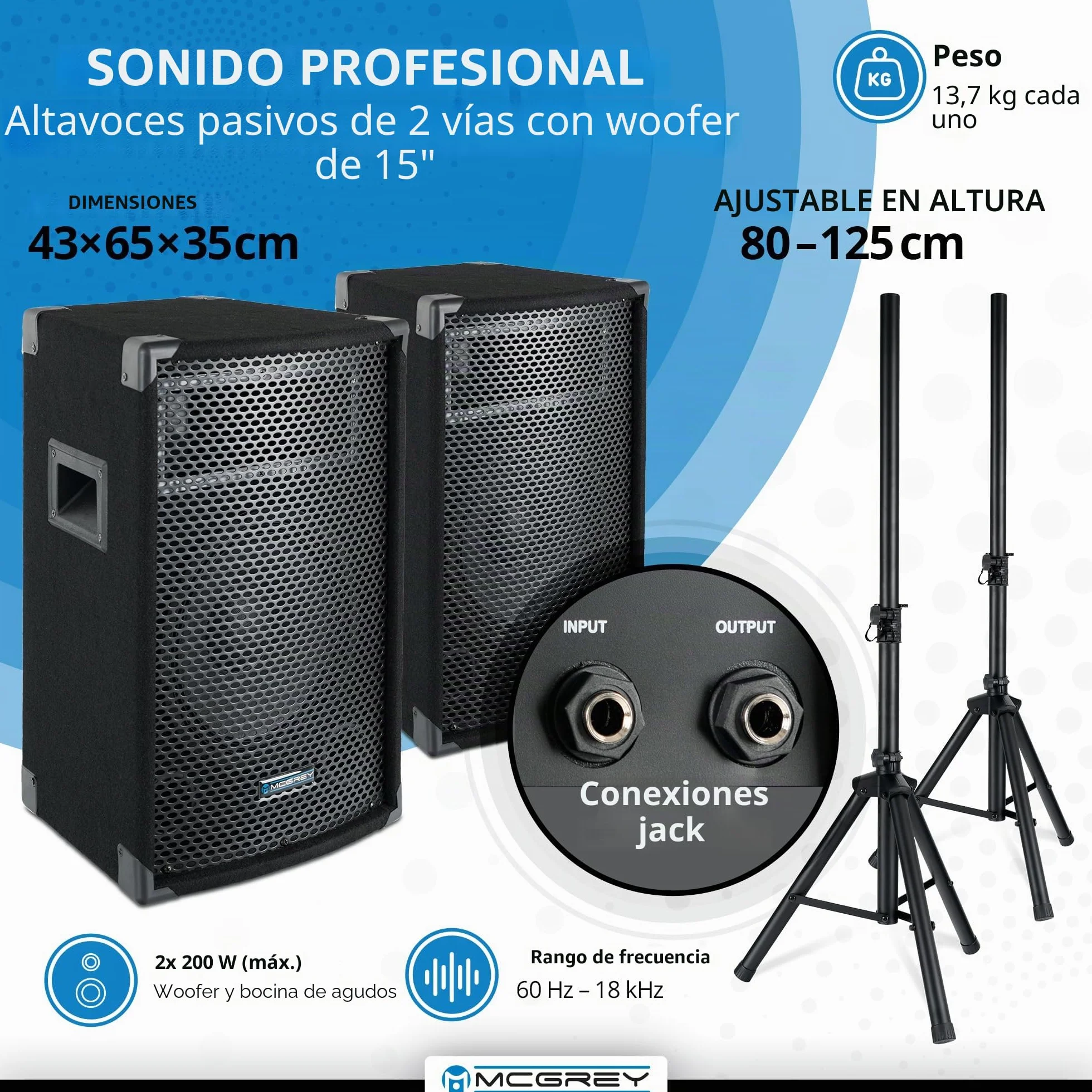 McGrey BP-215 Bandpack PA: Mezclador 8 Canales, Reverb Digital, Bluetooth, USB/SD, Altavoces 2 vías con woofer 15", Incluye micrófono, Soportes, Cables, 150W.