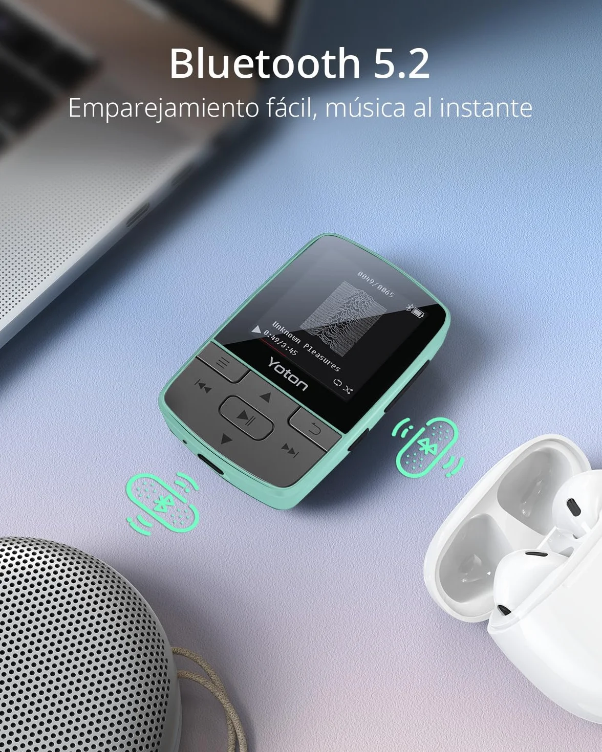 Yoton Reproductor MP3 Bluetooth 5.2 Mini HiFi Music Player Clip Deportivo Portátil Verde Auriculares Incluidos