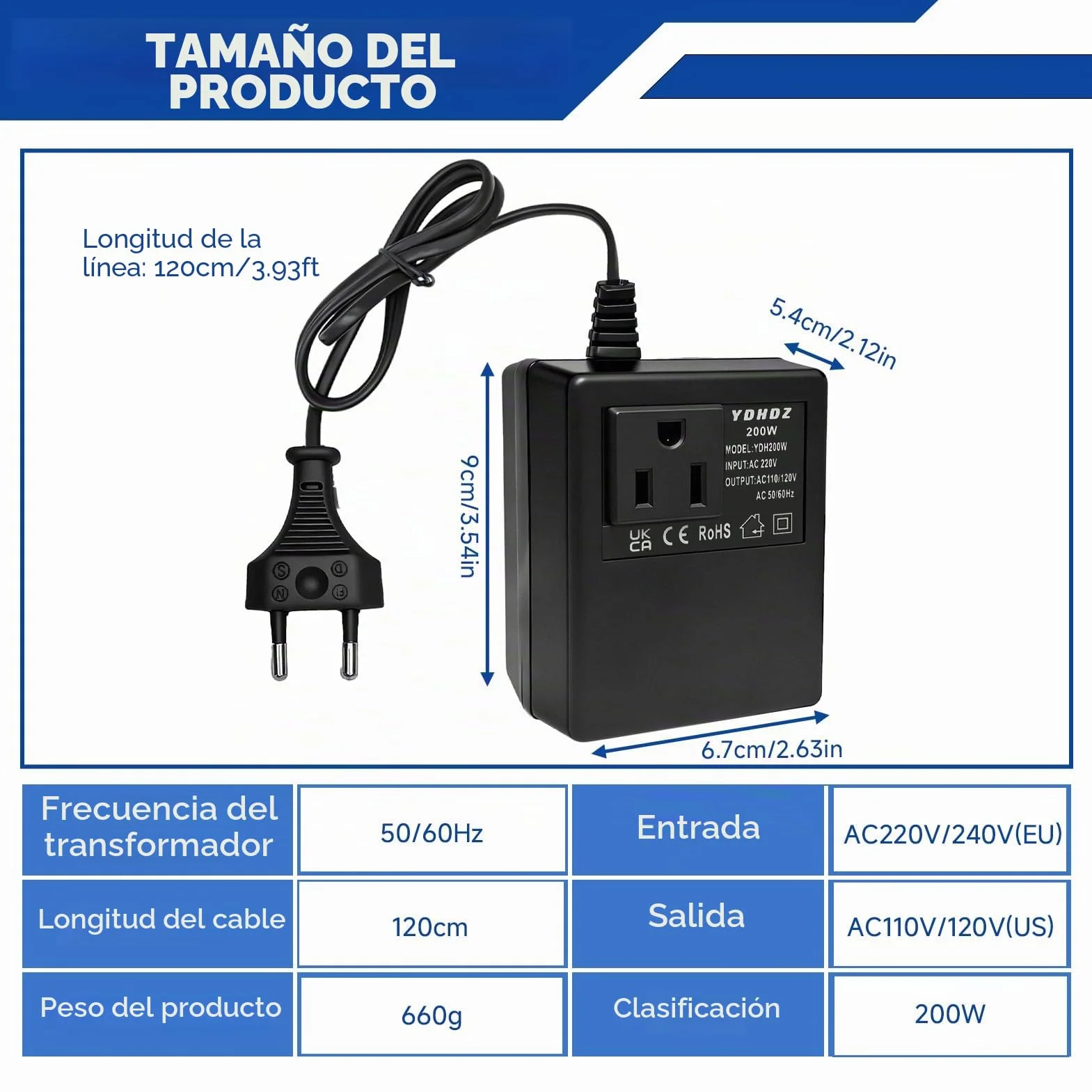 Transformador 220V a 110V Convertidor de Voltaje 200W Adaptador Reductor de Corriente para Viajes Internacionales Enchufe