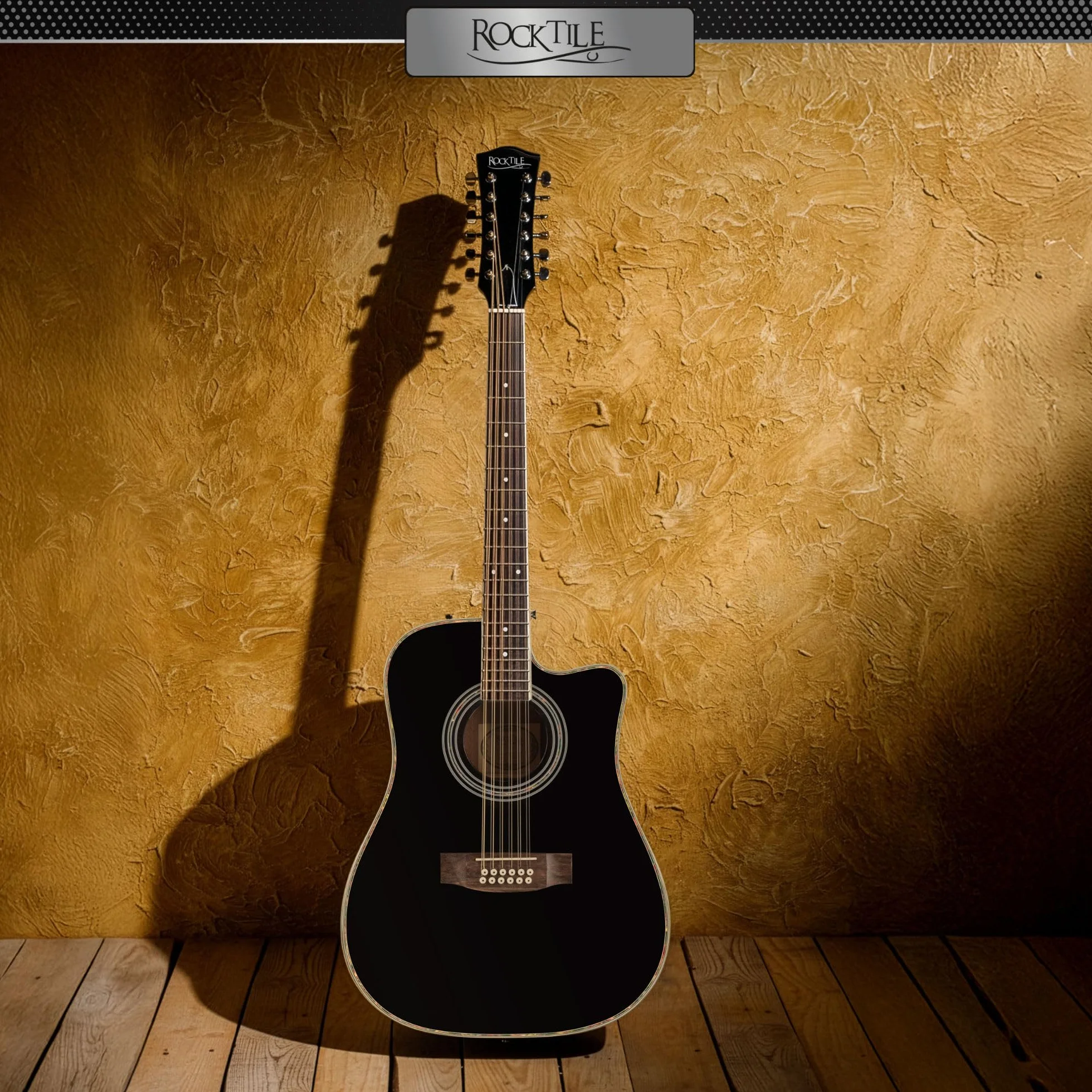 Rocktile WSD12-50C-BK Guitarra Western - Dreadnought De 12 Cuerdas Con Cutaway - Tapa De Abeto Y Cuerpo De Caoba - Diapasón De Palisandro - Acabado Gloss - Negro