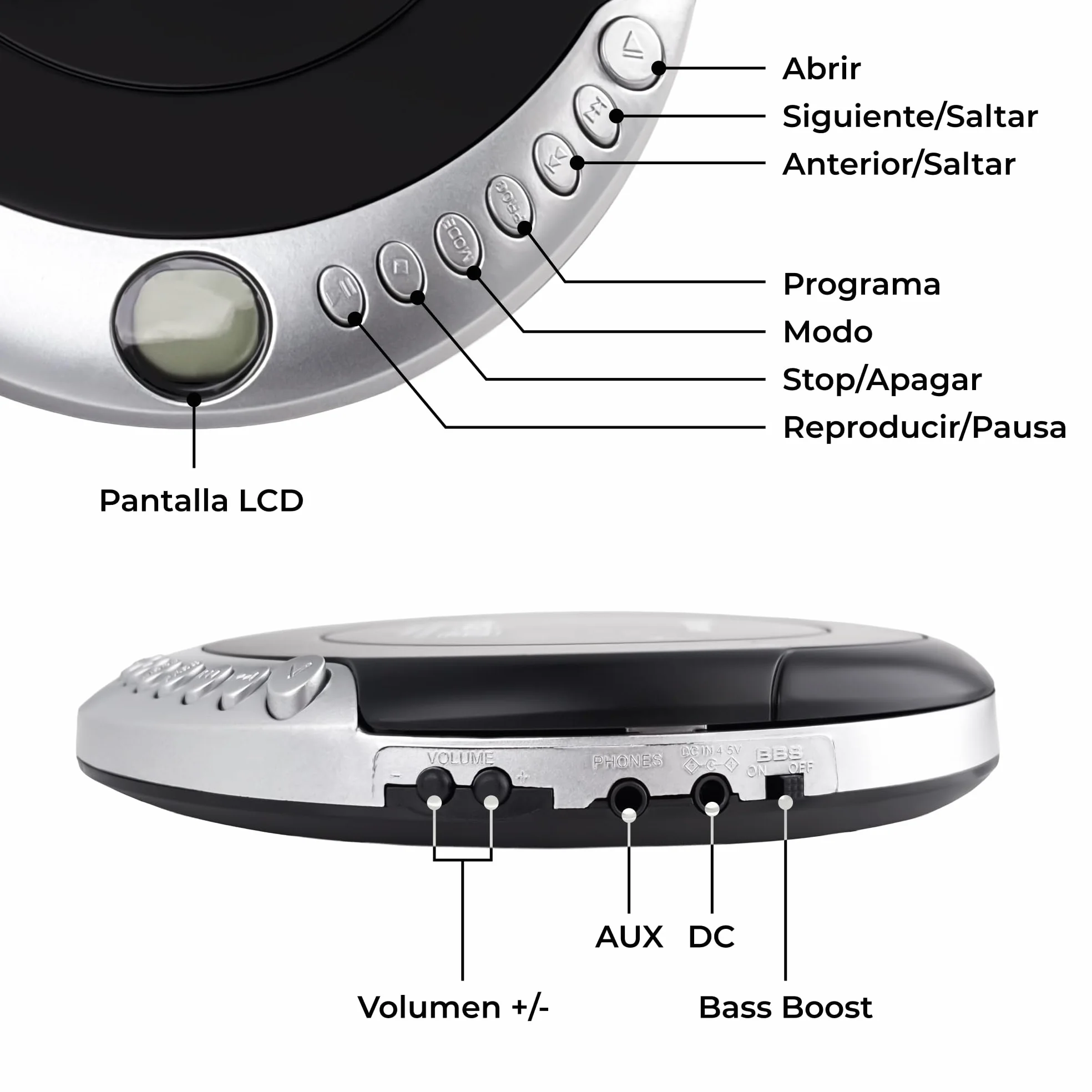 Denver DMP-391 Reproductor de CD/MP3 portátil antishock 40/100 s Auto Resume Bass Boost Pantalla LCD