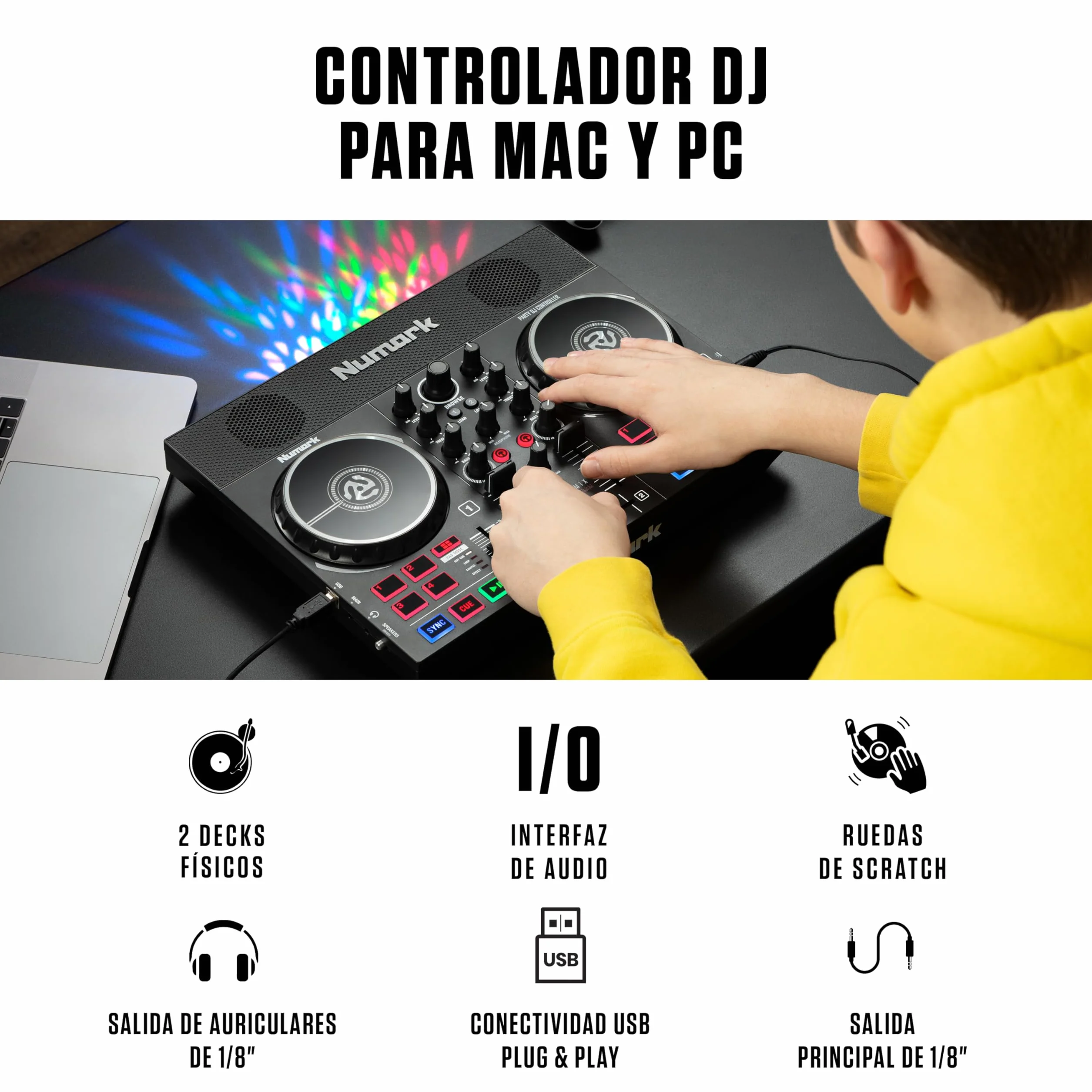 Numark Party Mix Live Controladora DJ, Mesa DJ Con Luces DJ, Altavoces, Mezclador DJ e Interfaz Audio, Con Serato DJ Lite