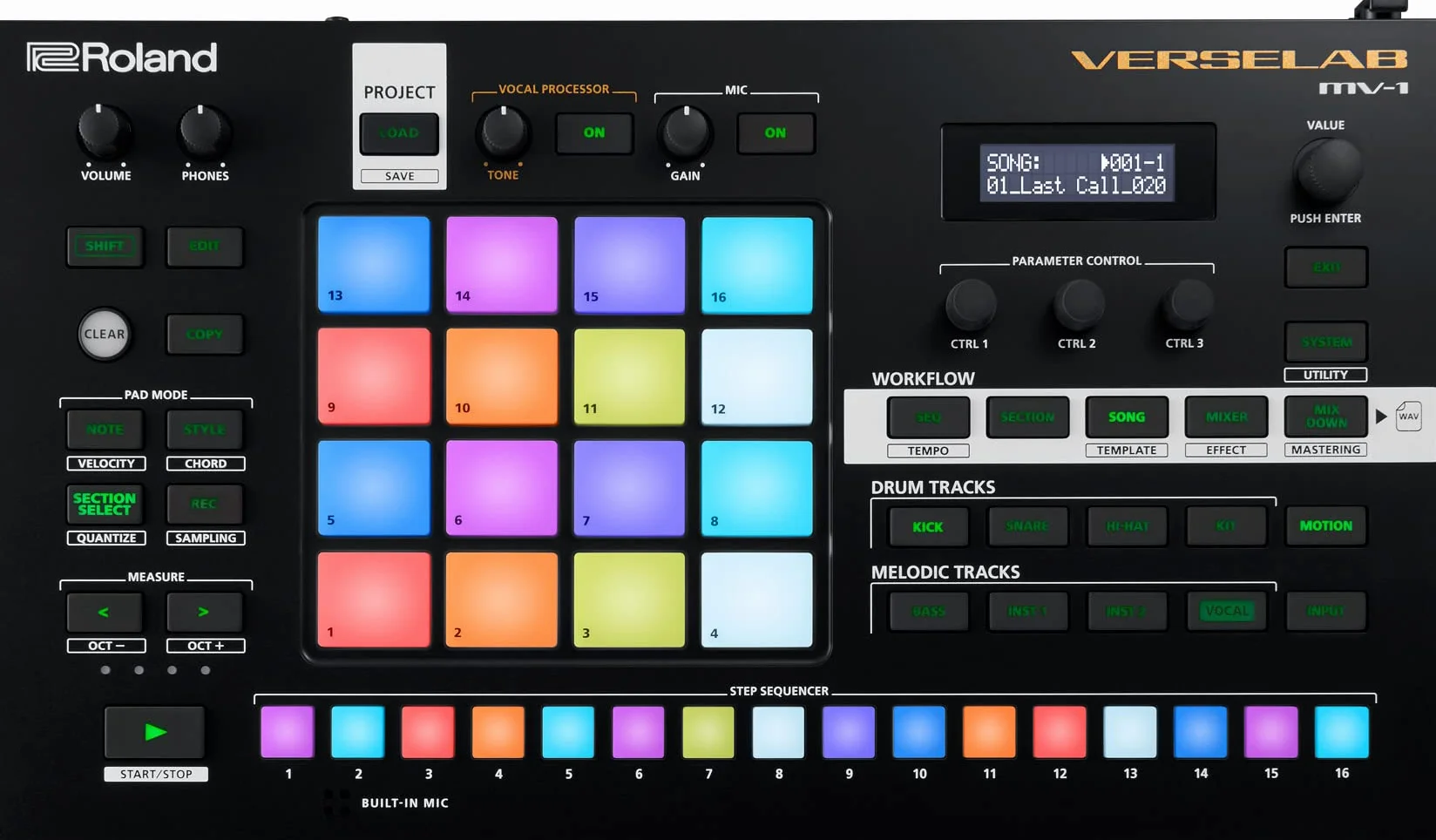 Roland VERSELAB MV-1, estudio de producción de canciones profesional con sonidos ZEN-Core para compositores y cantantes. Pads 4x4 y secuenciador por pasos TR-REC para baterías
