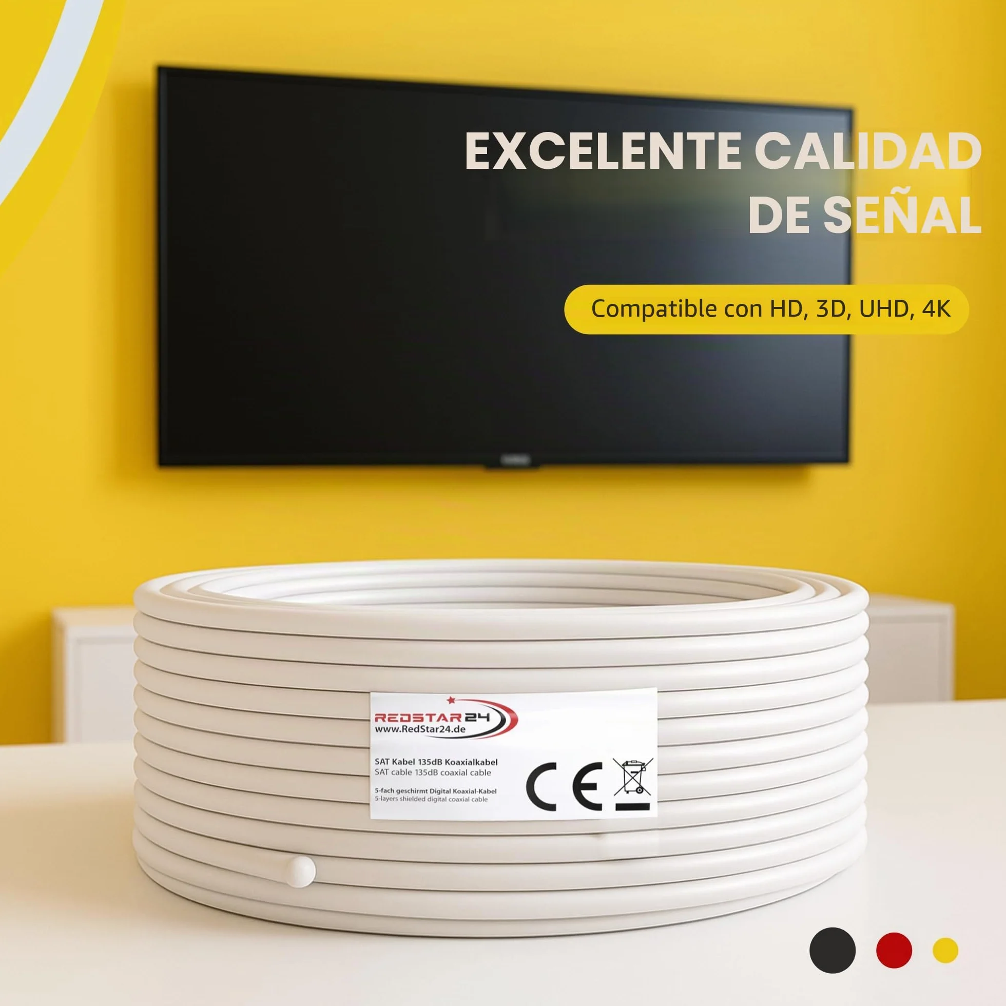 RedStar24 Cable Coaxial SAT 30m 135dB Clase A+ Blindaje 5x Ultra HD 4K DVB-S/S2 DVB-C/C2 DVB-T Antena Blanco 10 Conectores F