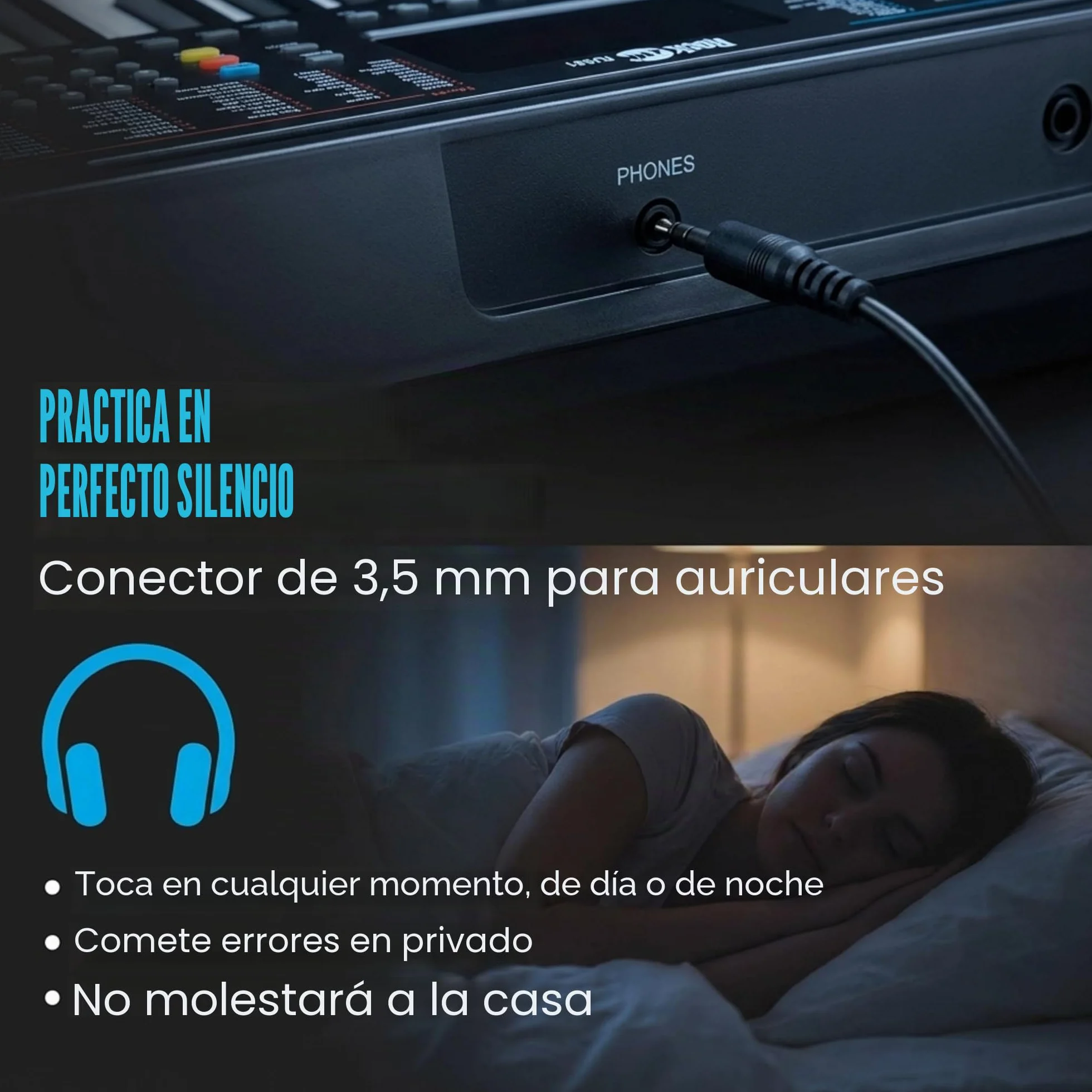 Teclado RockJam compacto de 61 teclas con soporte para partituras, fuente de alimentación, pegatinas para notas de piano y lecciones de piano simples