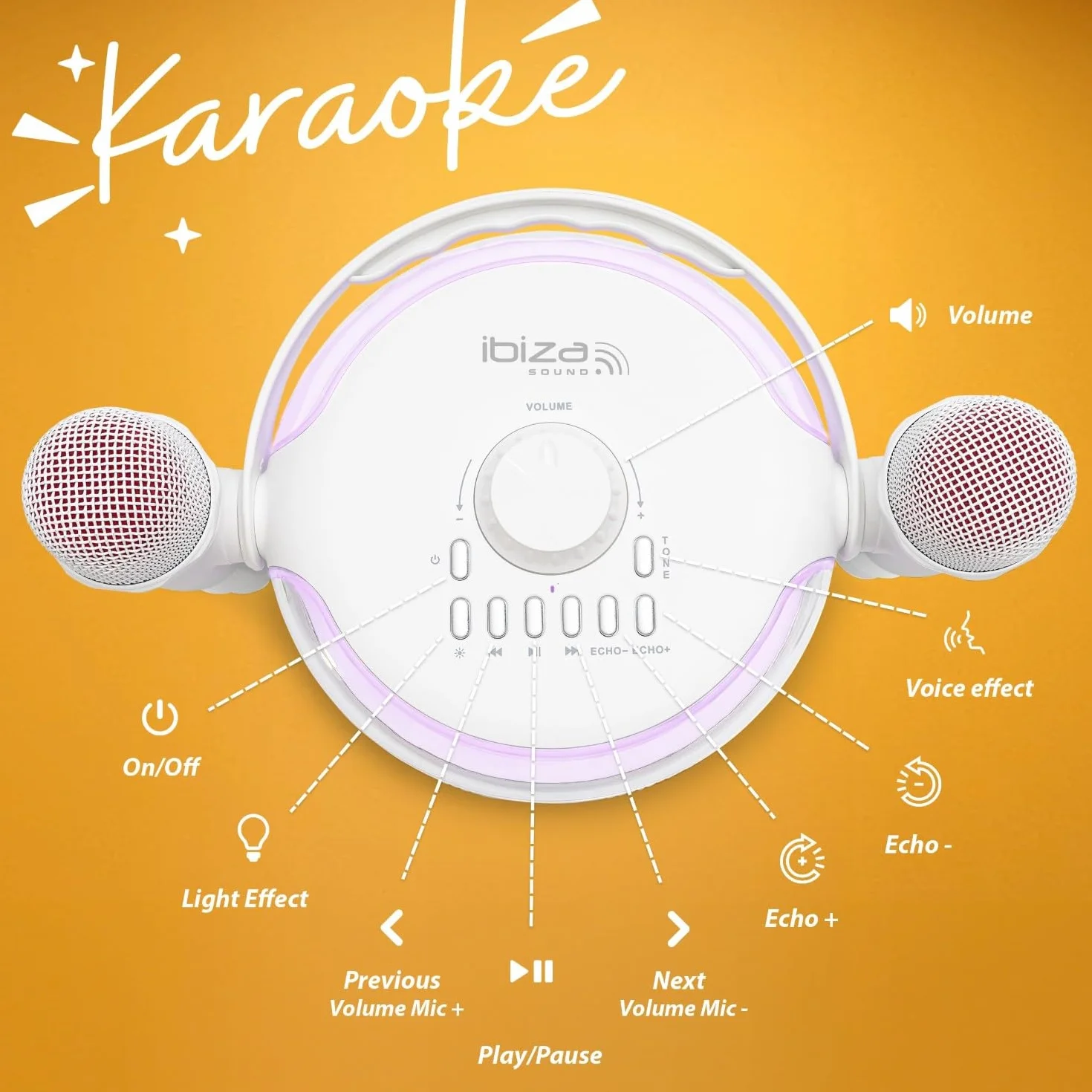 Ibiza Sound – Pack Karaoke Altavoz portátil Bluetooth inalámbrico KARAHOME-WH 120 W USB SD 2 micrófonos – Bola Disco LED RGB Astro-BALL8 Niño