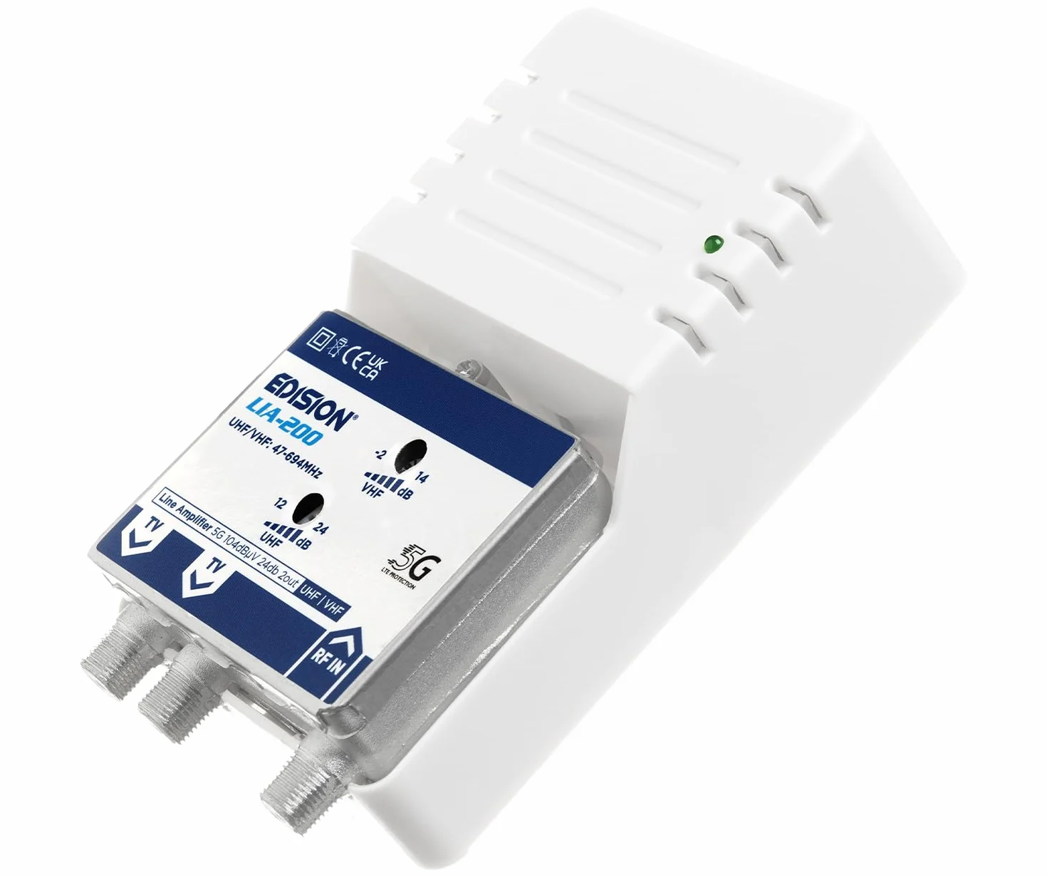EDISION LIA-200 Amplificador Interior UHF/VHF 12-24dB Ajustable 104dBmV DVB-T/T2 con Filtro 5G LTE 1 Entrada 2 Salidas