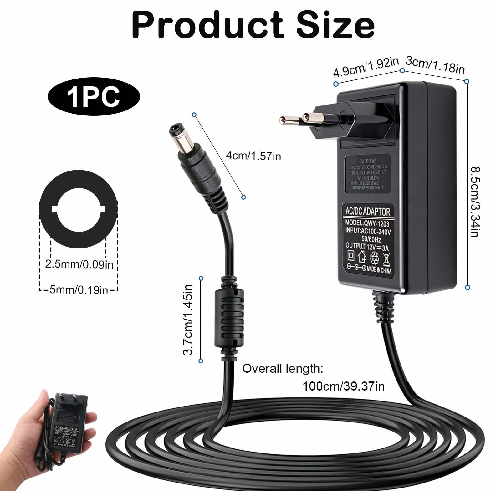 Adaptador de corriente 12 V 3 A 36 W universal AC-DC con conector 5,5 × 2,1 mm, alimentación 12 V para LED, cámaras, routers, altavoces, sistema telefónico, protección contra sobretensiones y