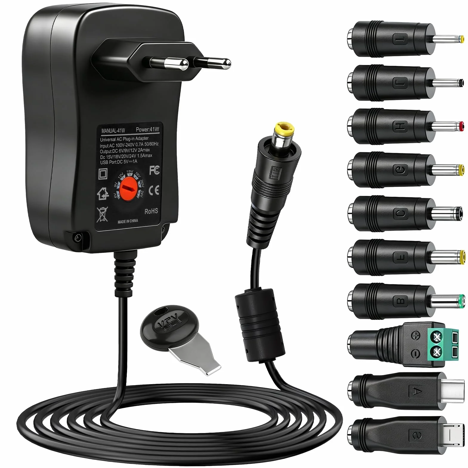 41W Adaptador de Corriente Universal 6V 9V 12V 15V 18V 20V 24V, Cargador Universal con 10 Puntas DC, Fuente de Alimentación Regulable para Router, Monitor LCD, Cámara