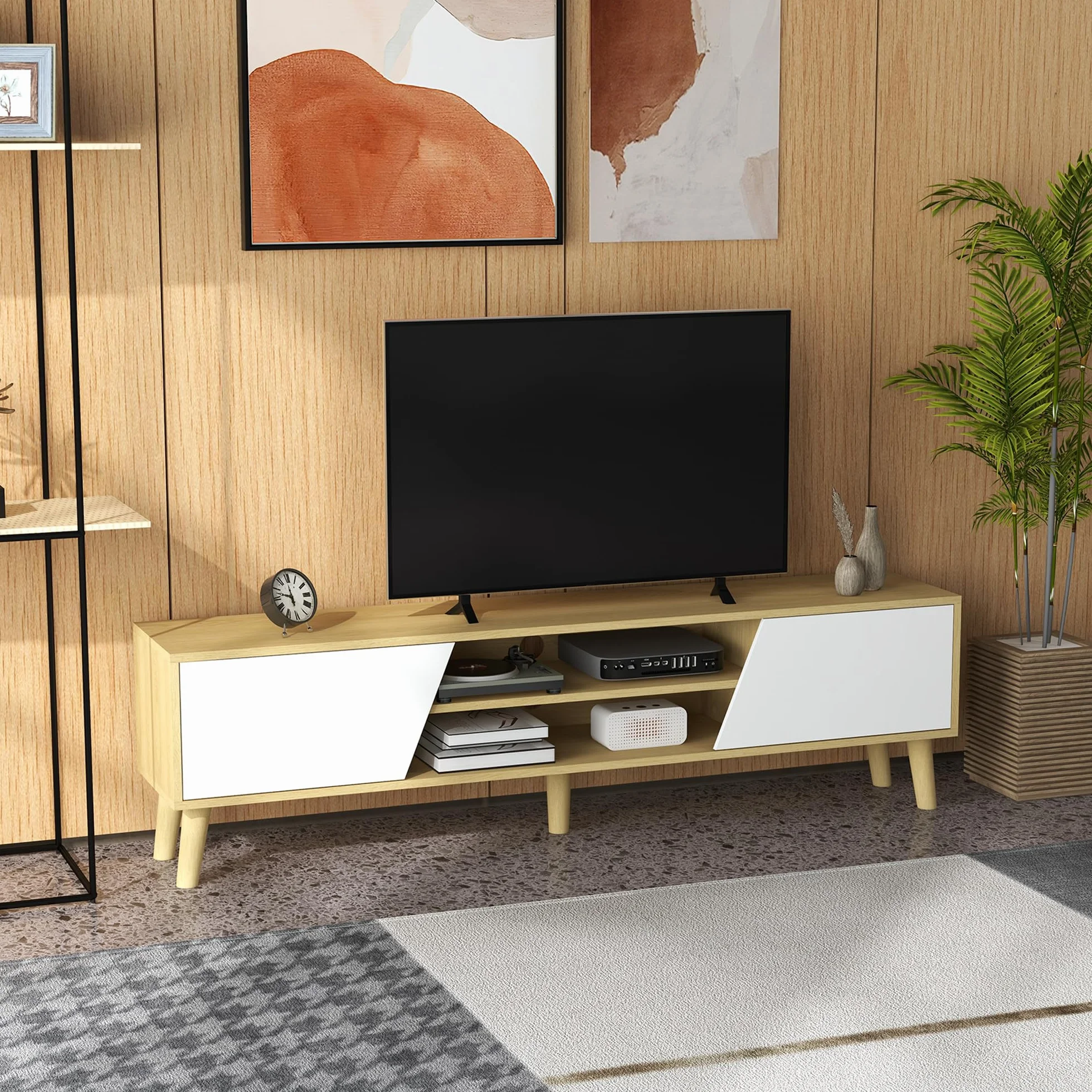 HOMCOM Mueble TV Mueble de Salón Mesa para TV con 2 Puertas 2 Estantes y 5 Patas de Madera para Televisores de hasta 65 Pulgadas, Montaje en suelo, 150x30x42 cm Roble