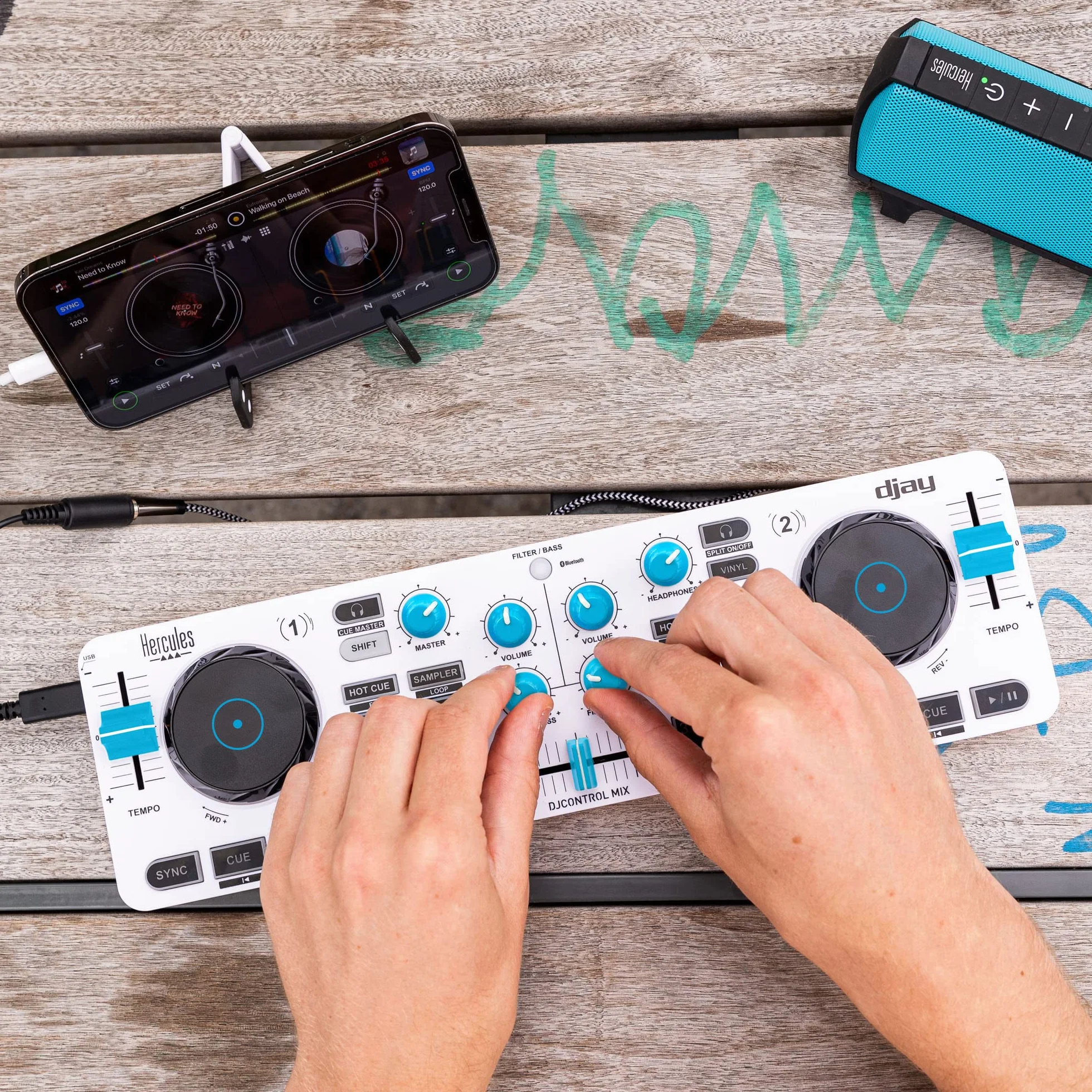 Hercules DJControl Mix Blue Edition - Controladora DJ Bluetooth Inalámbrica para Smartphones (iOS/Android), Edición Especial Azul Exclusiva en Amazon, Incluye App djay y Soporte - Azul