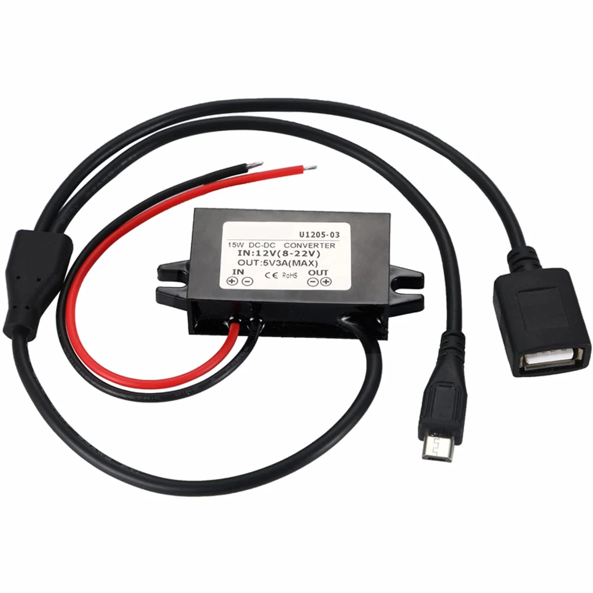 Greluma 1 Pieza Convertidor Impermeable de 12V a 5V 3A, Puertos duales USB/Micro USB DC-DC módulo Reductor Adaptador de Corriente Compatible con Raspberry Pi 4, teléfono móvil, Coche