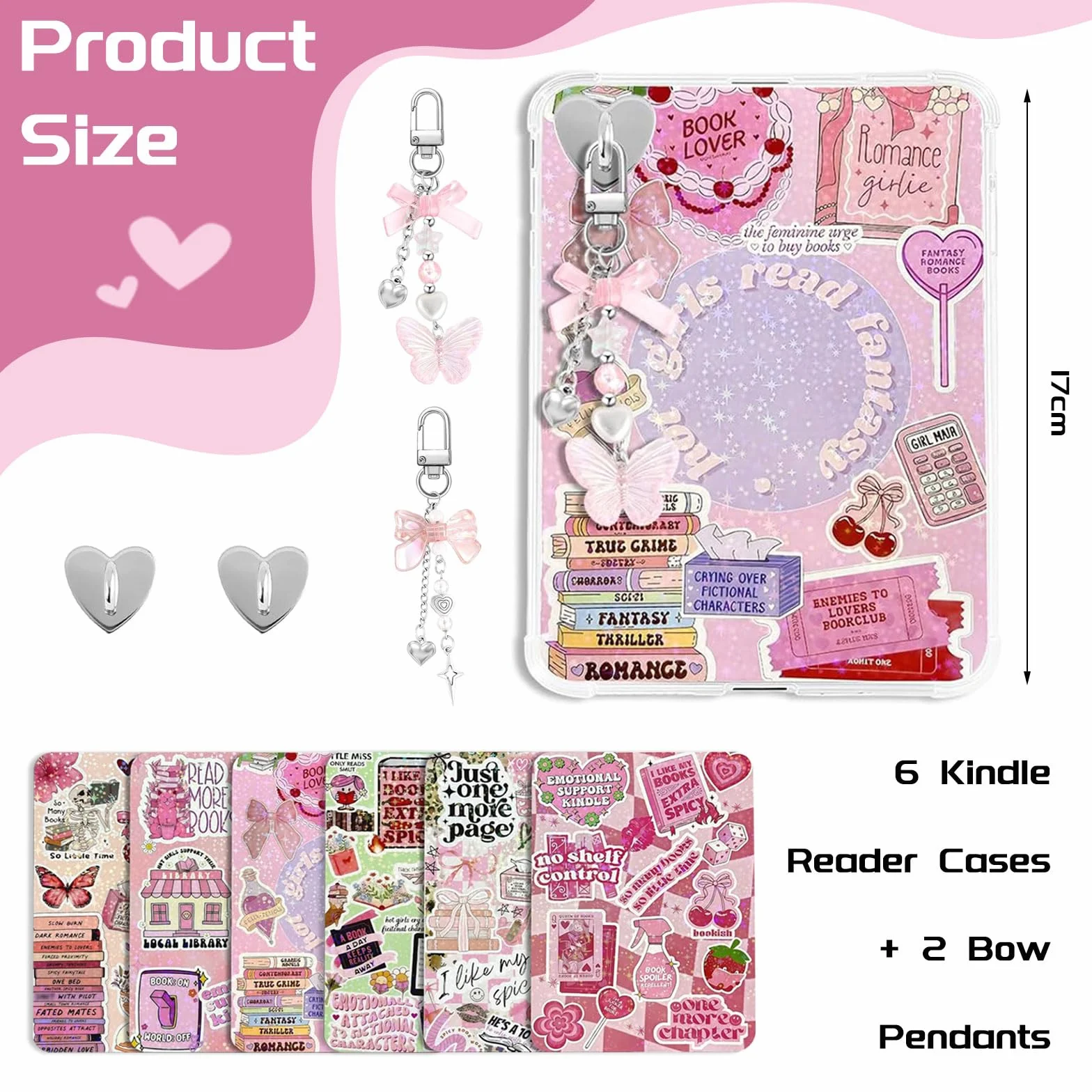 6Pcs Inserciones para Kindle Paperwhite, Set Accesorios E-Reader con 2 Pulseras, Funda Transparente Decoración DIY, Rosa