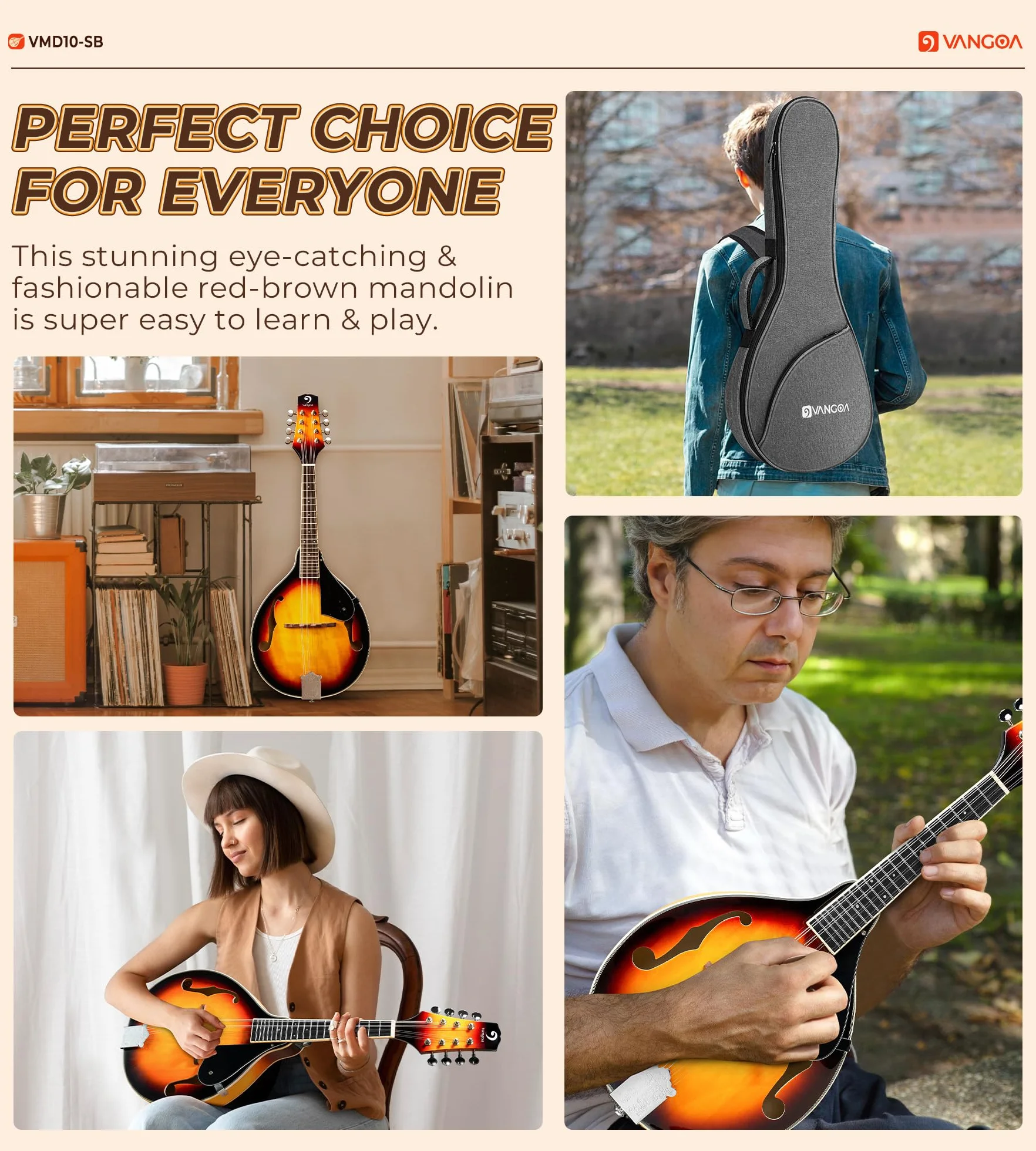Vangoa Mandolina de 8 Cuerdas Acústica A-Estilo Tradicional Bluegrass Instrumento de Mandolinas para Principiantes, Sunburst