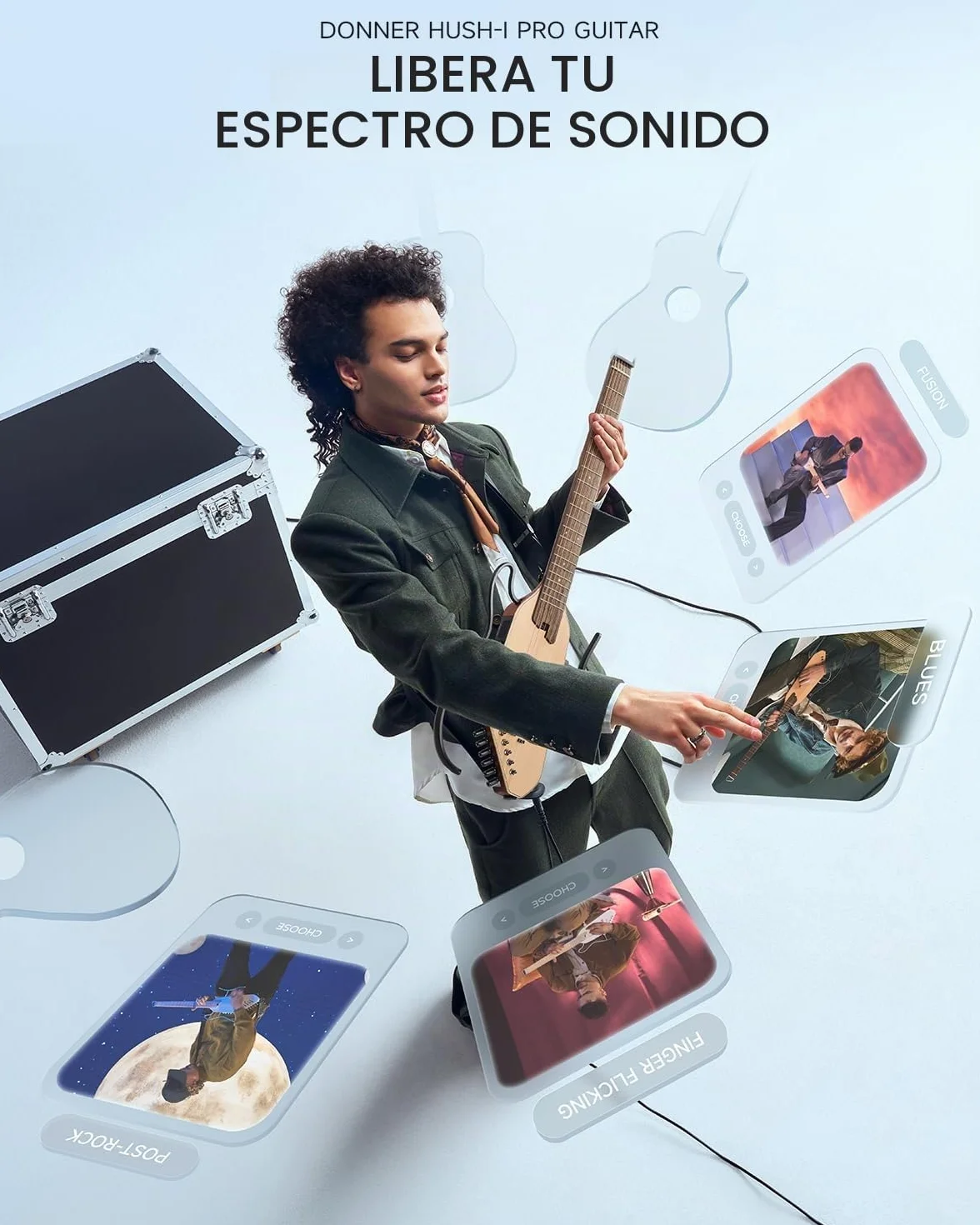 Donner Guitarra eléctrica acústica HUSH I PRO Guitarra de viaje con múltiples modos de efecto, kit de guitarra inteligente de auriculares, bolsa de concierto, correa, cable de carga