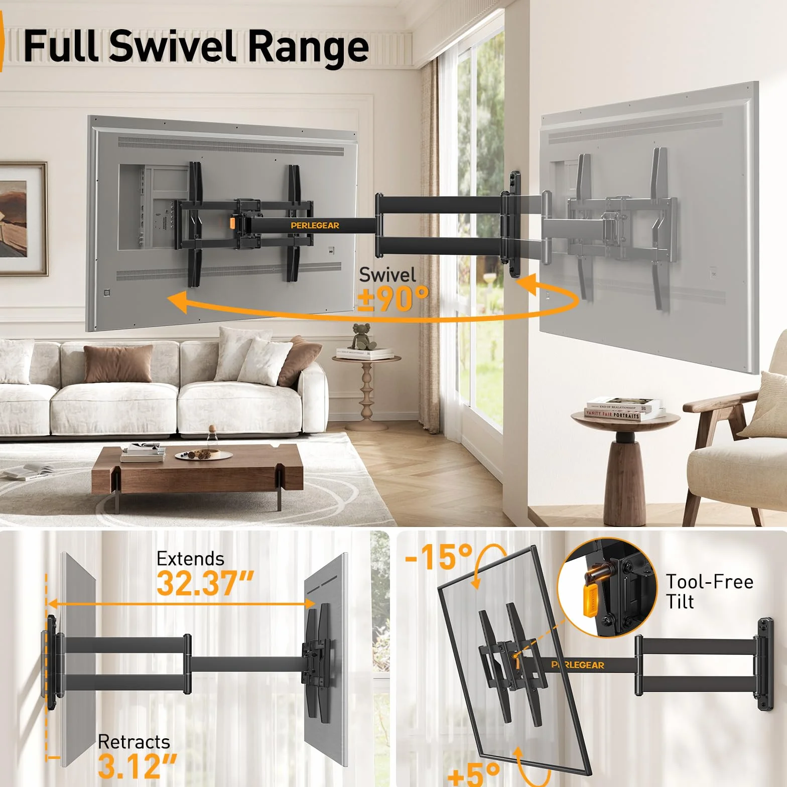 Perlegear Soporte TV Pared Brazo Articulado Extralargo 32-75 Pulgadas Inclinable Giratorio VESA 600x400 mm 45kg