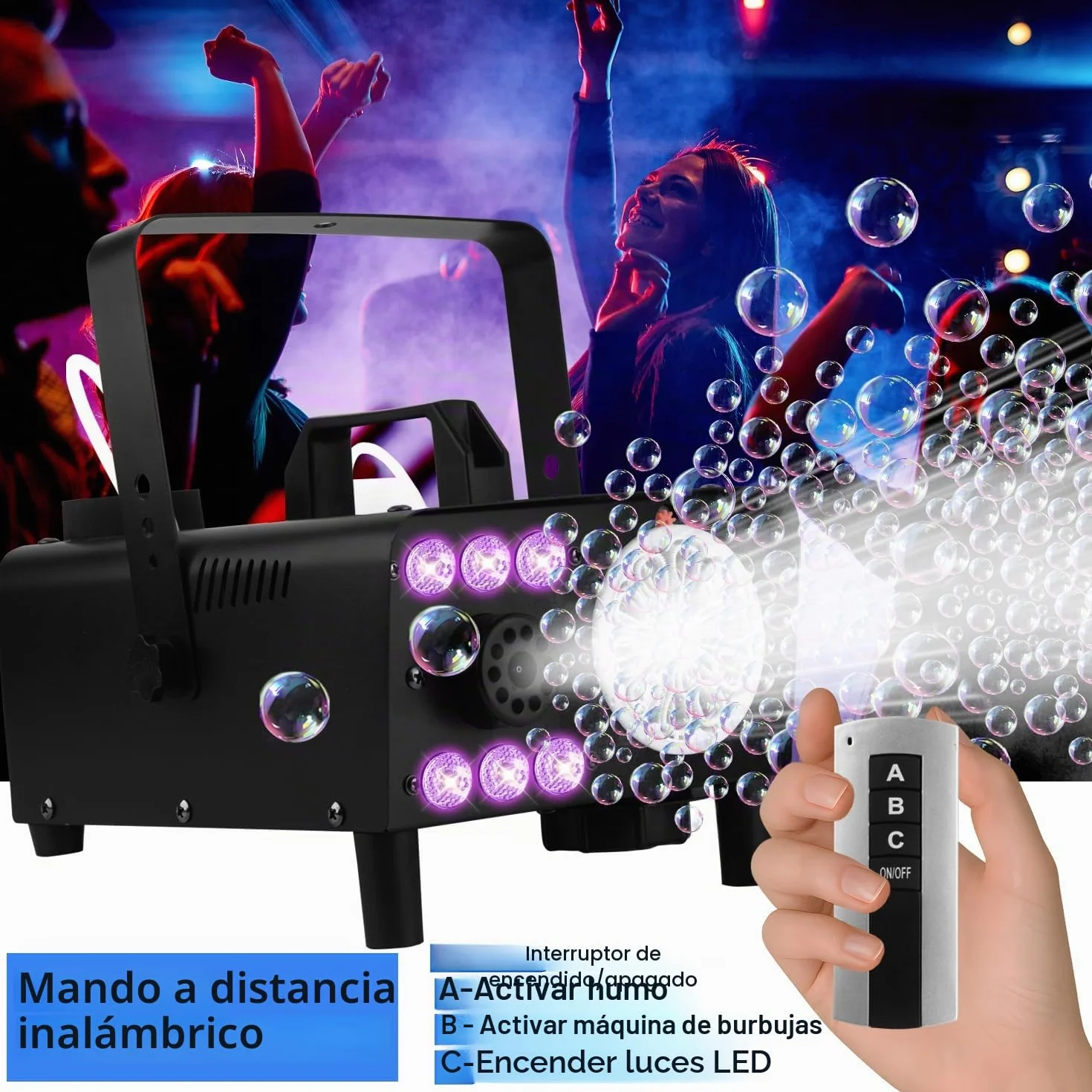 Máquina de burbujas de humo 3 en 1 con luces LED y mando a distancia inalámbrico, soplador de burbujas, iluminación RGB para fiestas, bodas, Halloween, Navidad