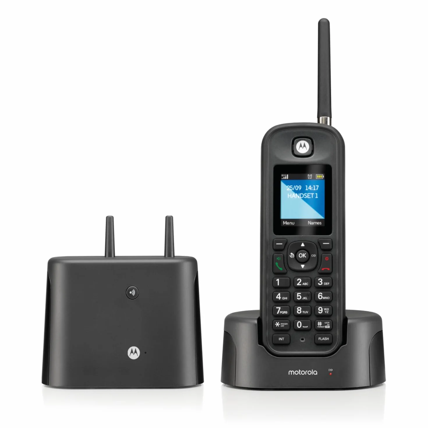 Motorola - O201 Teléfono Fijo Inalámbrico DECT, Identificador de Llamadas, Retroiluminación, Agenda 200 Números, Largo Alcance, Manos Libres, Ideal para Uso Exterior, Negro
