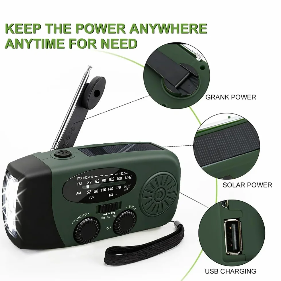 Radio Solar de Emergencia con Manivela Portátil, FM/AM 2000mAh 3 Modos de Luz LED Linterna, Carga Solar USB-C y Manivela, Resistente al Agua Ideal para Camping Viajes Supervivencia y Cortes de Energía