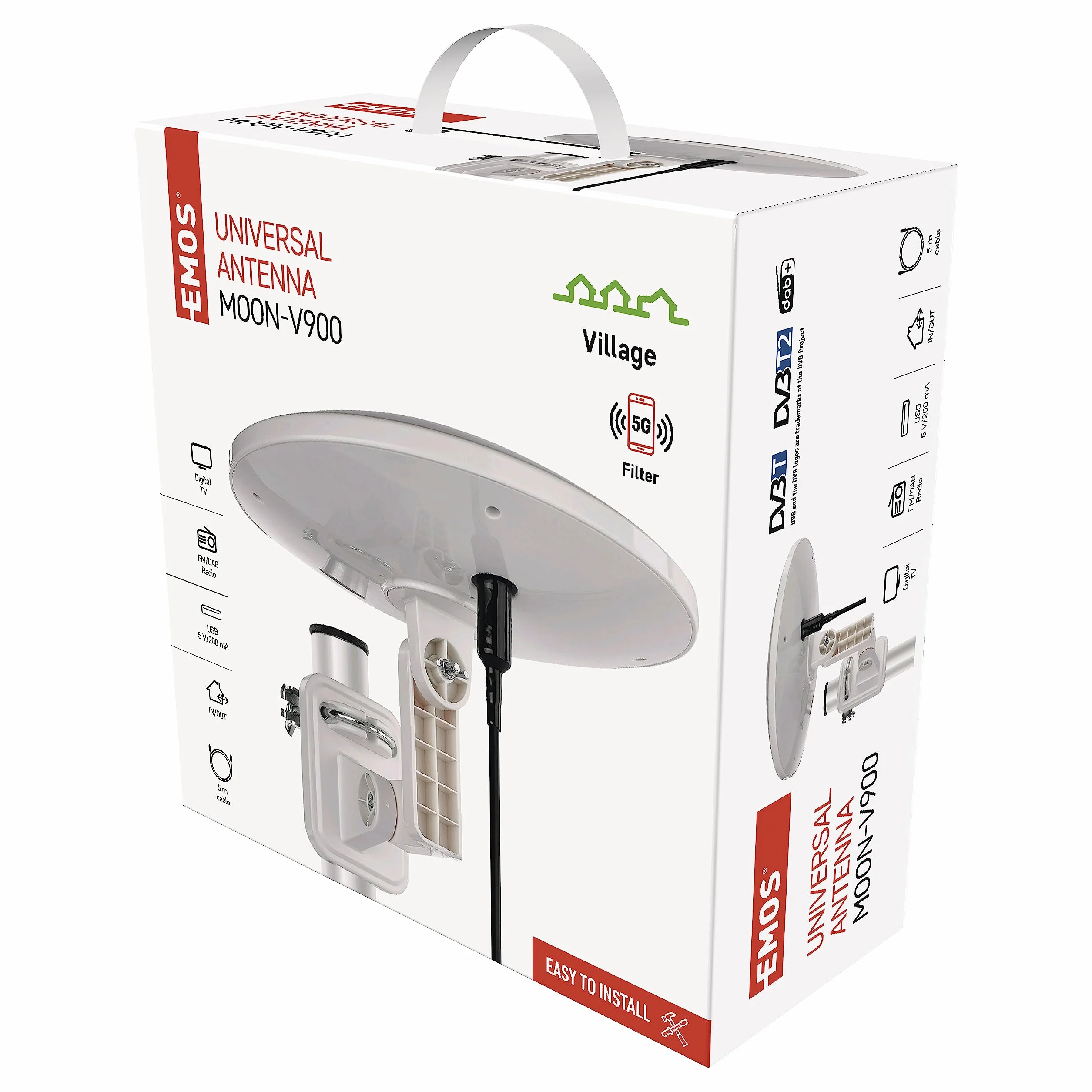 EMOS Antena Digital Activa Village, Exterior, FM/Dab/DVB-T/T2, Amplificador, LTE/4G/5G, Alcance 0–80 km, 360°, Resistente Intemperie/UV