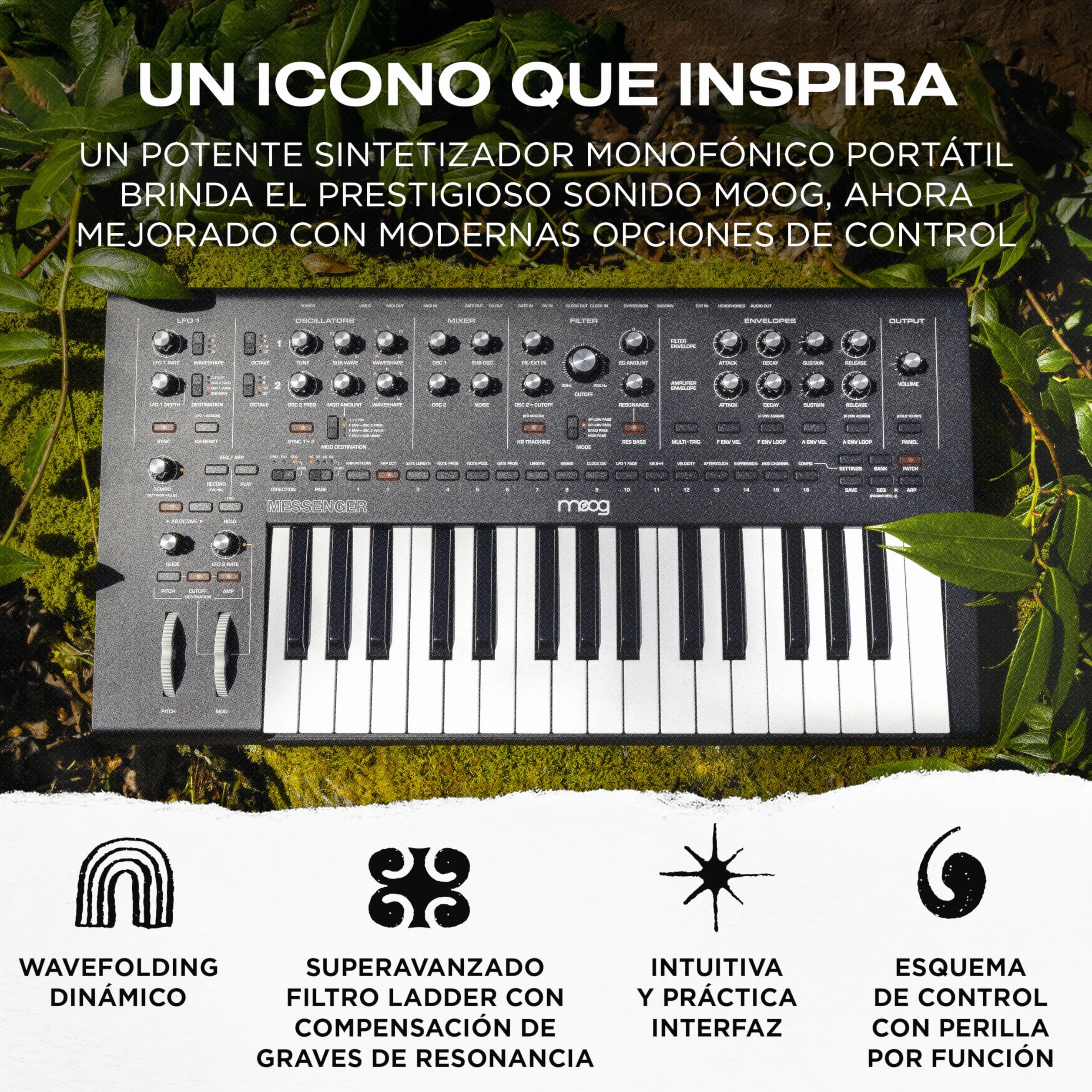 MOOG Messenger - Sintetizador de Teclado Monofónico Analógico Superavanzado, 32 Teclas, Secuenciador de 64 Pasos, 256 Presets y Compensación RES BASS