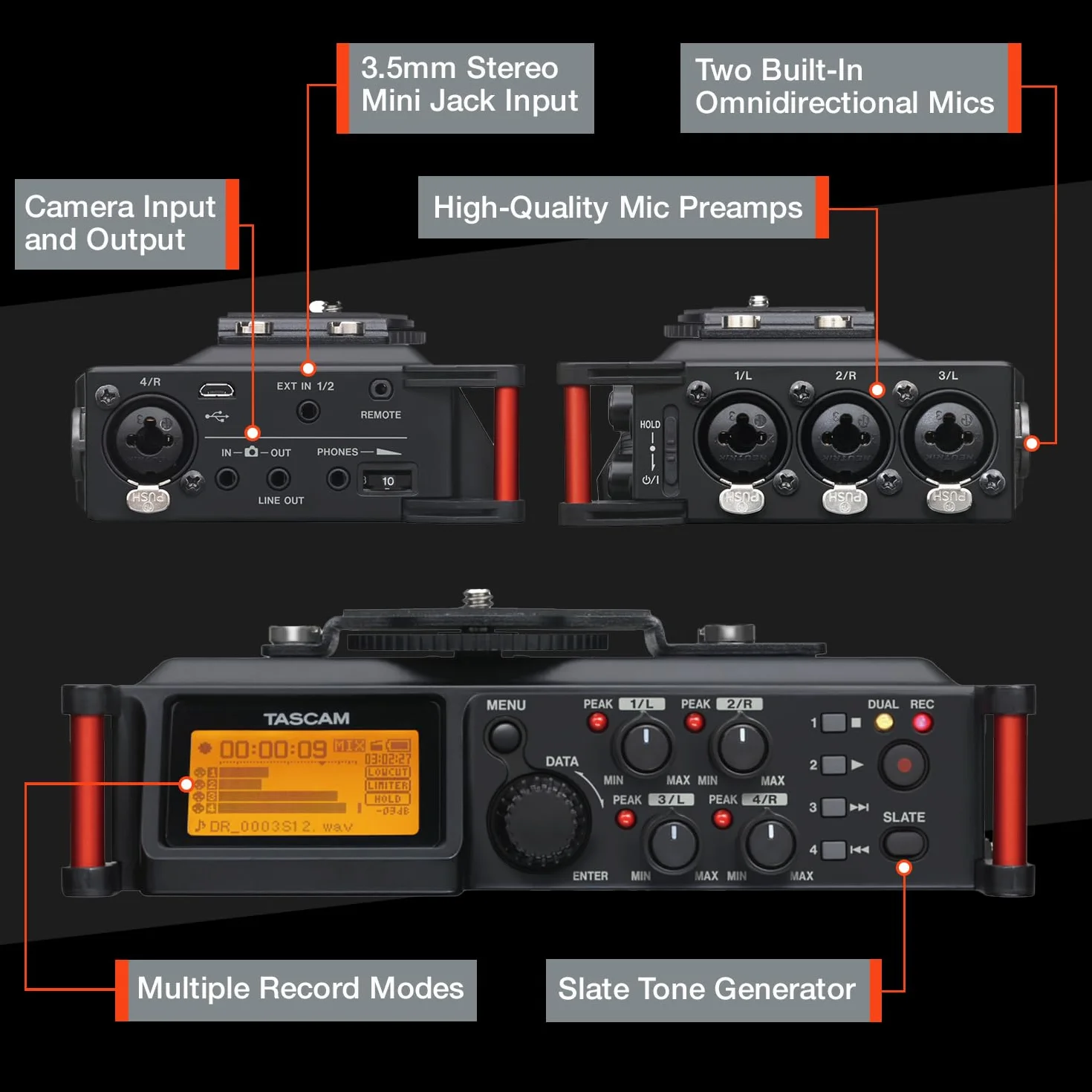 TASCAM Grabadora de audio portátil de 4 canales para videógrafos, 4 entradas combinadas XLR/TRS, 2 micrófonos internos, limitador, filtro HP (DR-70D)