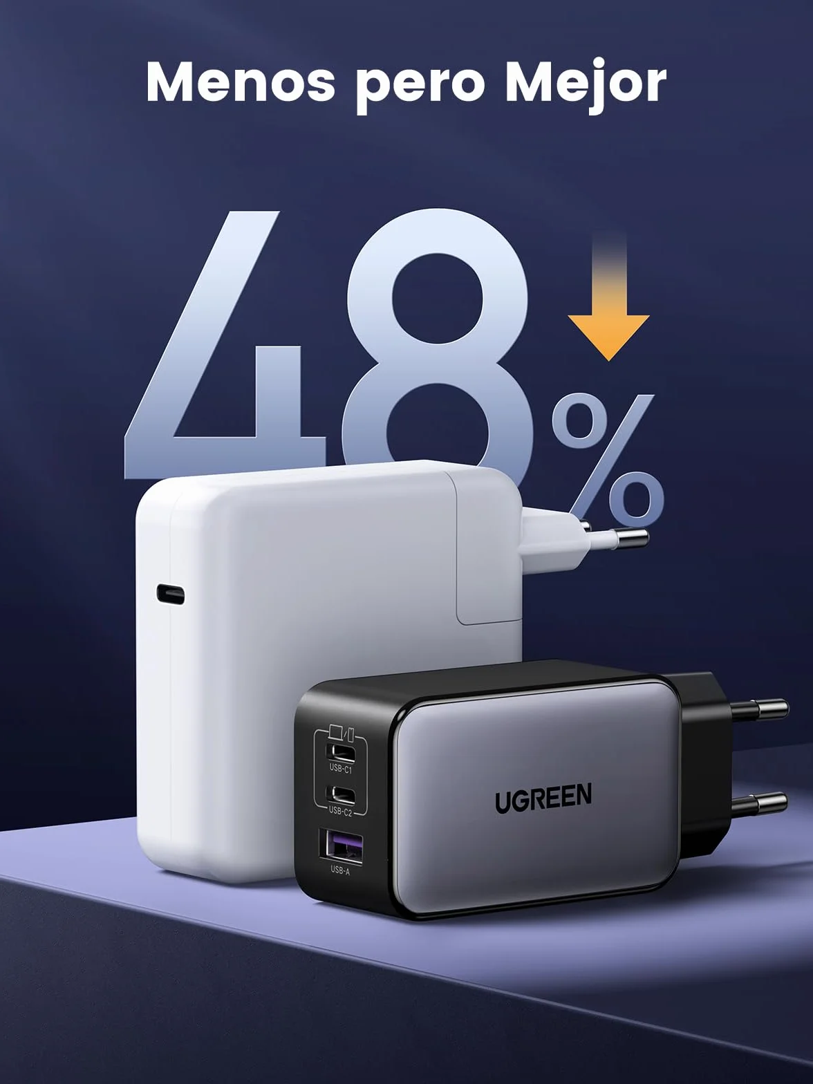 UGREEN Nexode 65W Cargador USB C 3 Puertos Carga Rápida Tipo C Gris