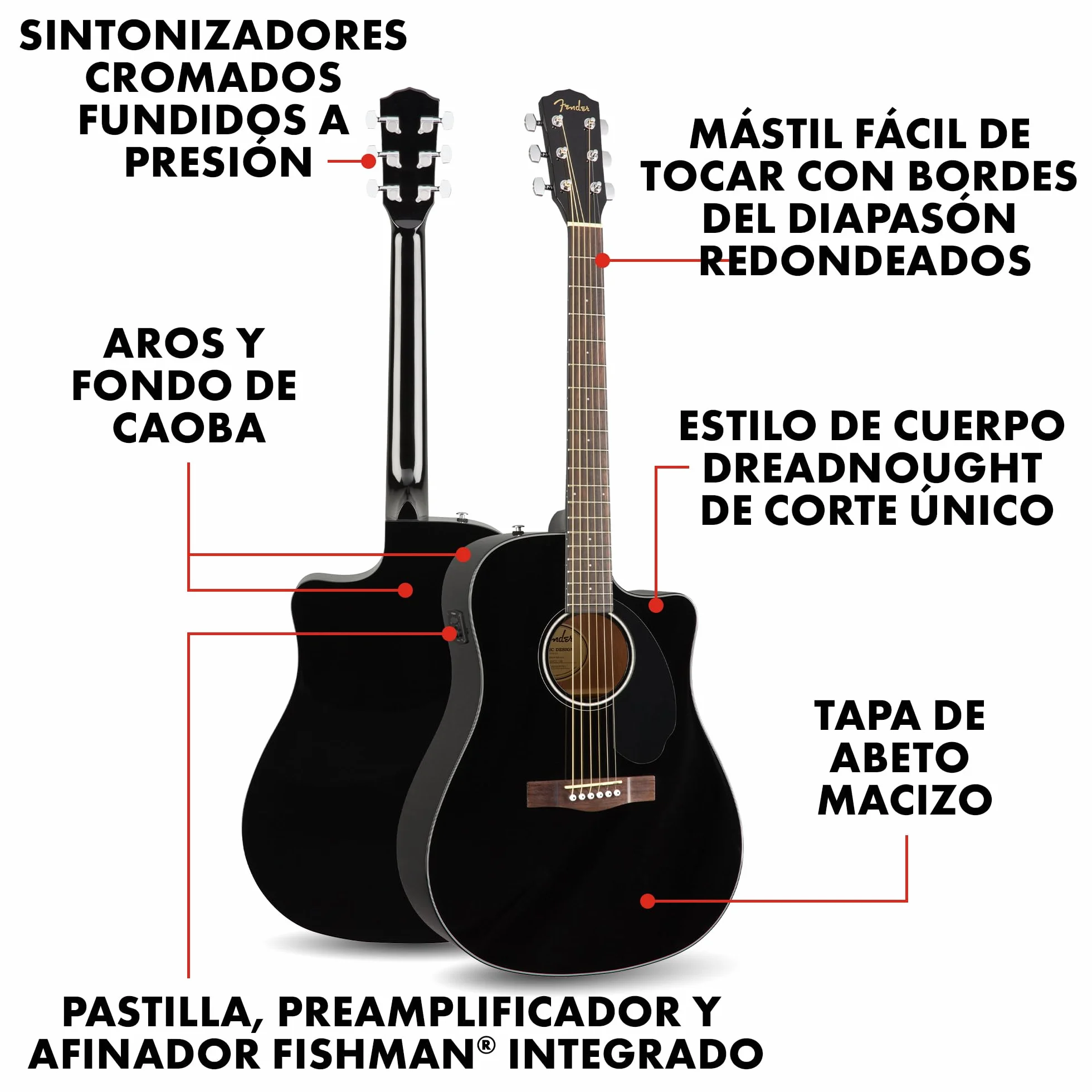Fender CD-60SCE Dreadnought Guitarra Acústica Electrificada, Negro, Incluye cursos virtuales gratuitos en Fender Play
