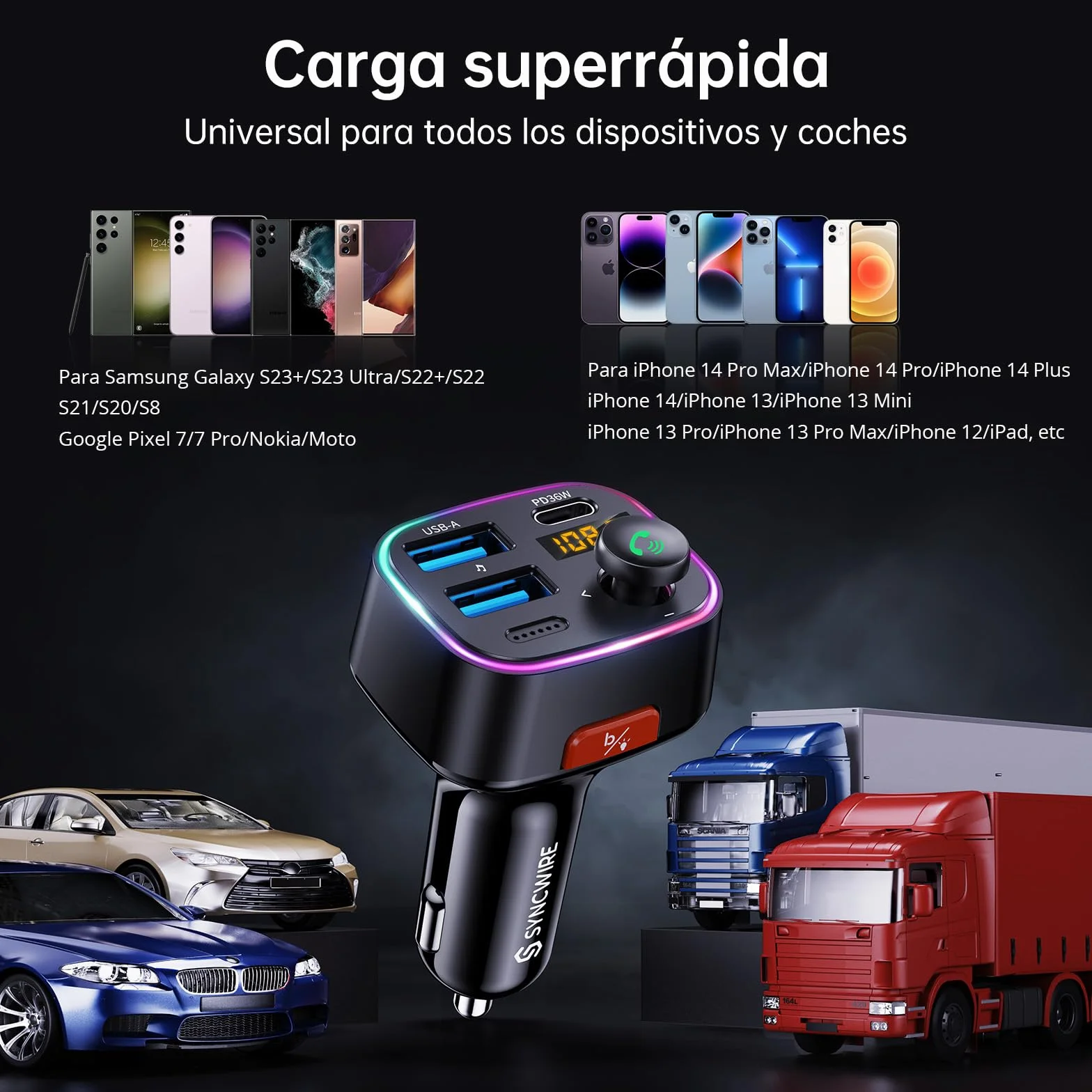 SYNCWIRE Transmisor FM Bluetooth 5.4 para Coche,48W(PD 36W & 12W) Doble USB Cargador Adaptador Receptor de Radio Inalámbrico,Pantalla LED,Llamadas Manos Libres,Soporte Unidad USB de 64GB,Negro
