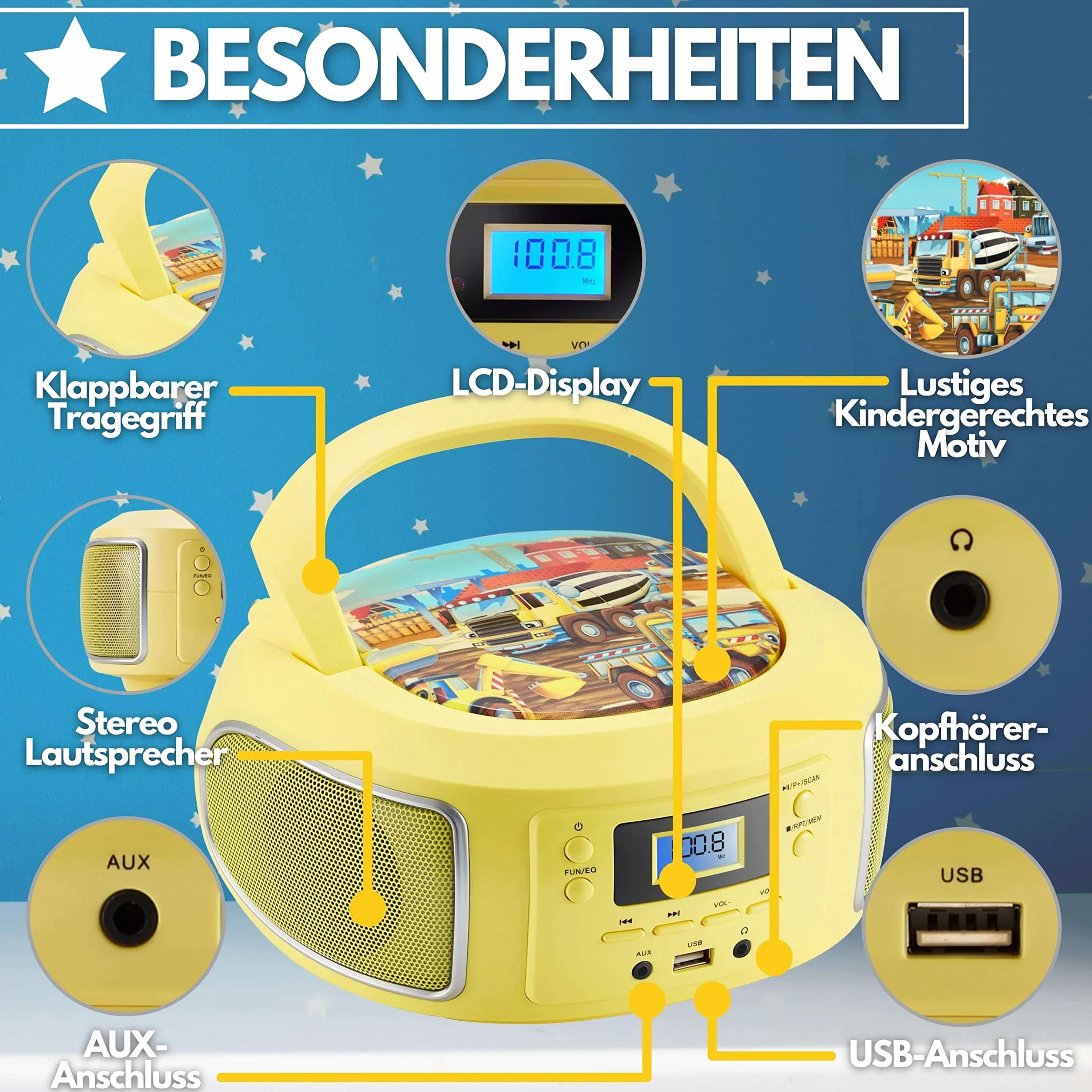 Boombox portátil | Radio FM | AUX-In | CD/CD-R | USB | Conector para auriculares | Sistema compacto | Reproductor de CD | Radio CD | Sistema estéreo | Radio infantil | Boombox (amarillo glamo)
