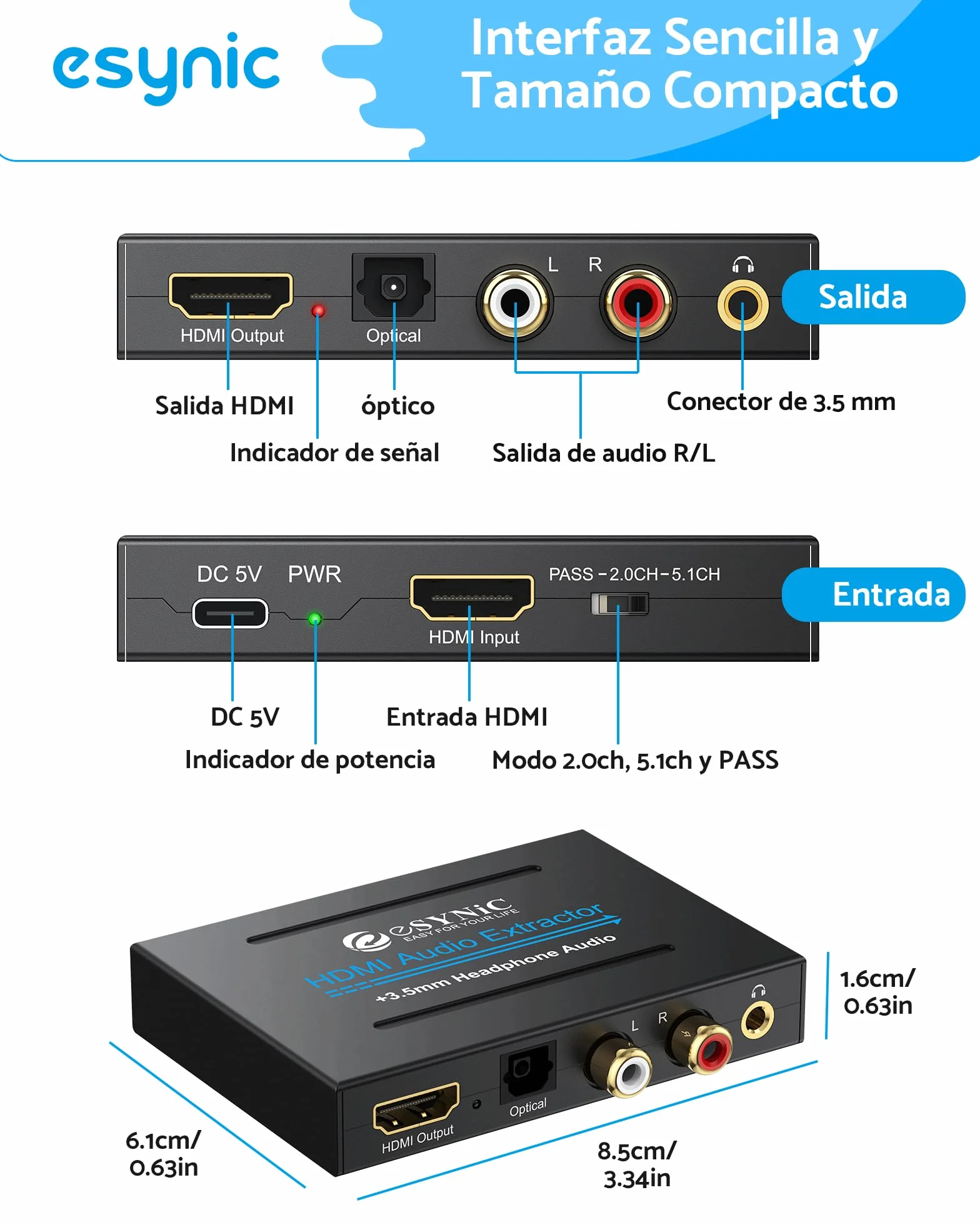 ESYNiC Convertidor HDMI a HDMI Audio SPDIF Óptico RCA Toslink Adaptador Splitter de Video HDMI - DAC HD Digital a Audio Estéreo Estractor para Apple TV Blu-Ray DVD Player Xbox One SKY HD box PS3 PS4