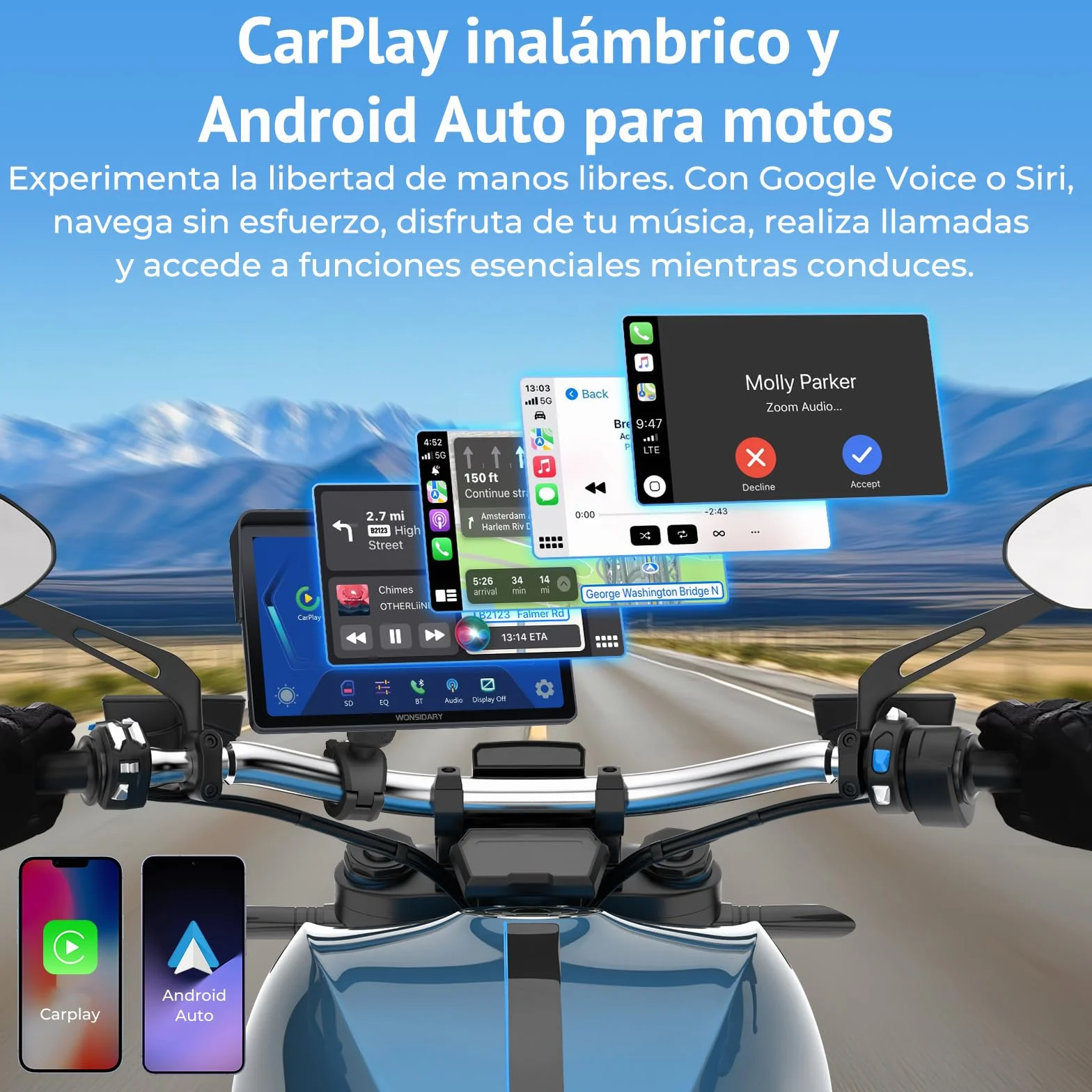 Carplay Moto 7 Pulgadas Pantalla TáCtil,InaláMbricos Carplay y Android Auto, Navegador GPS Moto Conectar y Usar con IP67 Impermeable, Sensor De Luz,Bluetooth Trans, Siri/Google Assistant,EQ
