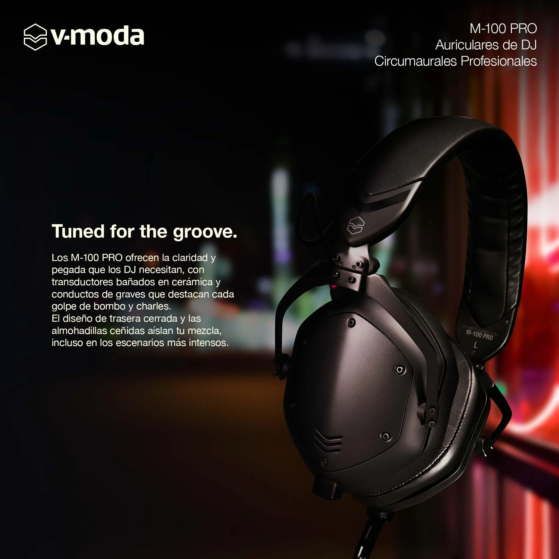 V-Moda M-100 PRO | Auriculares de DJ circumaurales profesionales | Diseñados para DJ profesionales y música rítmica | Aislamiento sonoro superior | Escucha por un oído | Confort duradero