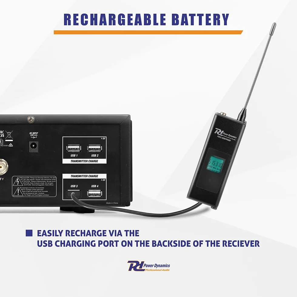 Power Dynamics PD524B Sistema de micrófono inalámbrico UHF con 4X Bodypacks, Micro de Solapa inalámbrico, Micro de Diadema inalámbrico, Recargable por USB, transmisión Infrarrojos, Ideal para Eventos