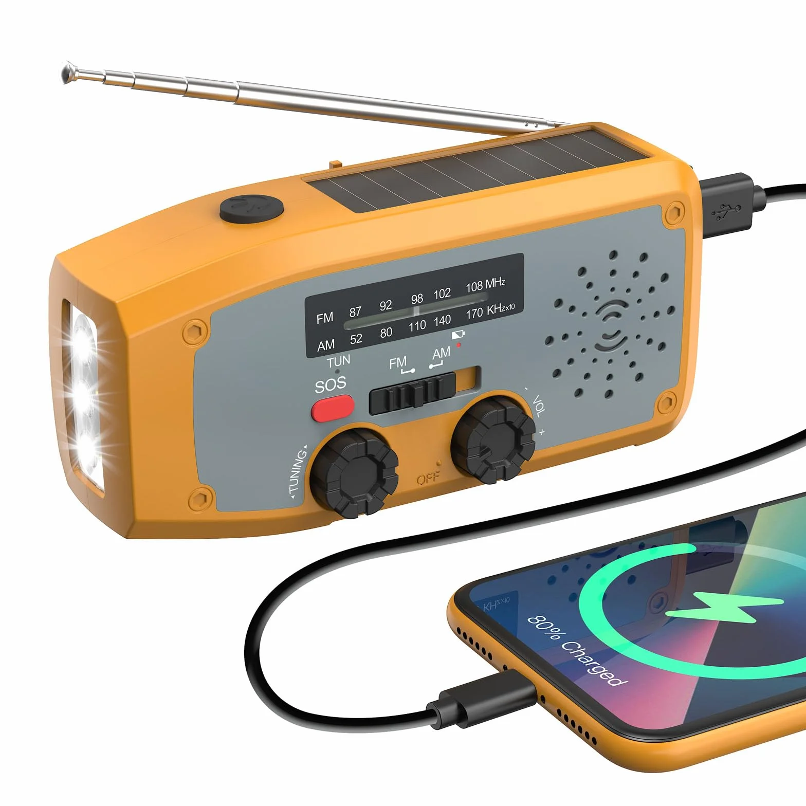 Radio Solar de Emergencia, Radio de Manivela con Linterna LED, Alarma SOS, Am/FM Emergency Radio con Batería de 2000 mAh para Camping y Supervivencia, Naranja
