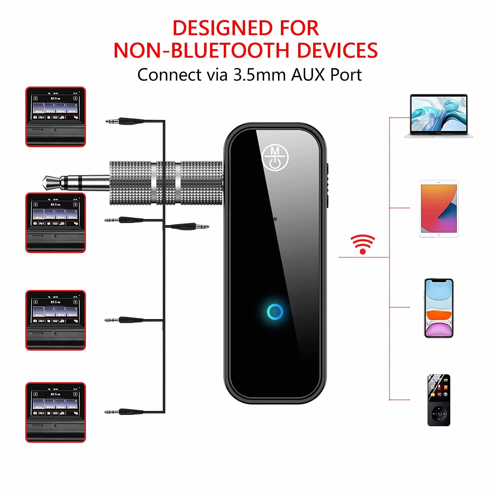 Bluetooth 5.0 Receptor Adaptador Coche Audio 3 en 1 Jack 3.5mm Transmisor Aux Reducción de Ruido para TV Altavoces PC