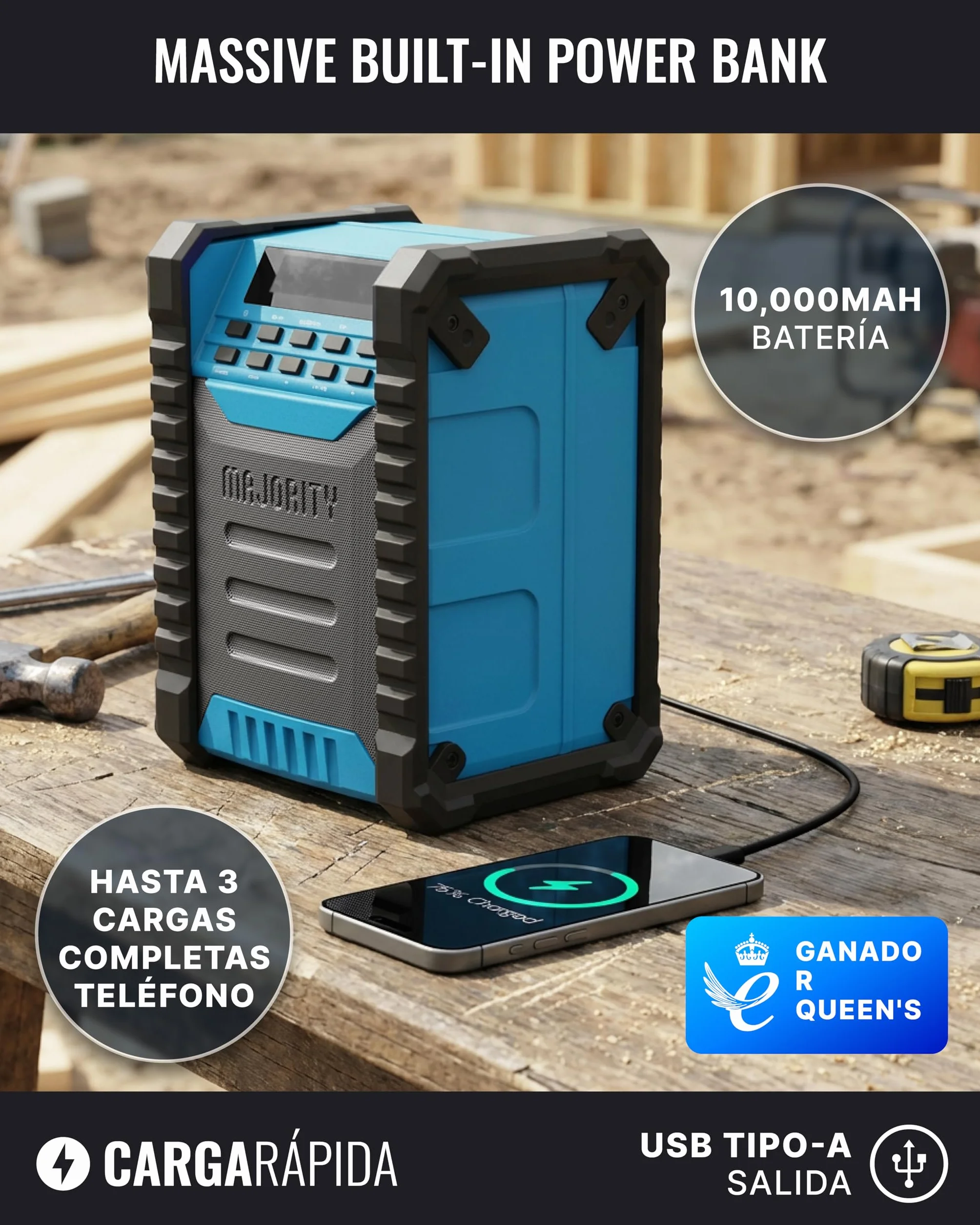 MAJORITY Landbeach Radio de Obra Portátil | Batería de 10.000 mAh Dab+ & FM Digital Radio con Bluetooth | Clasificación de Protección IP54 contra Polvo y Agua | 40 Presets and 6 EQ