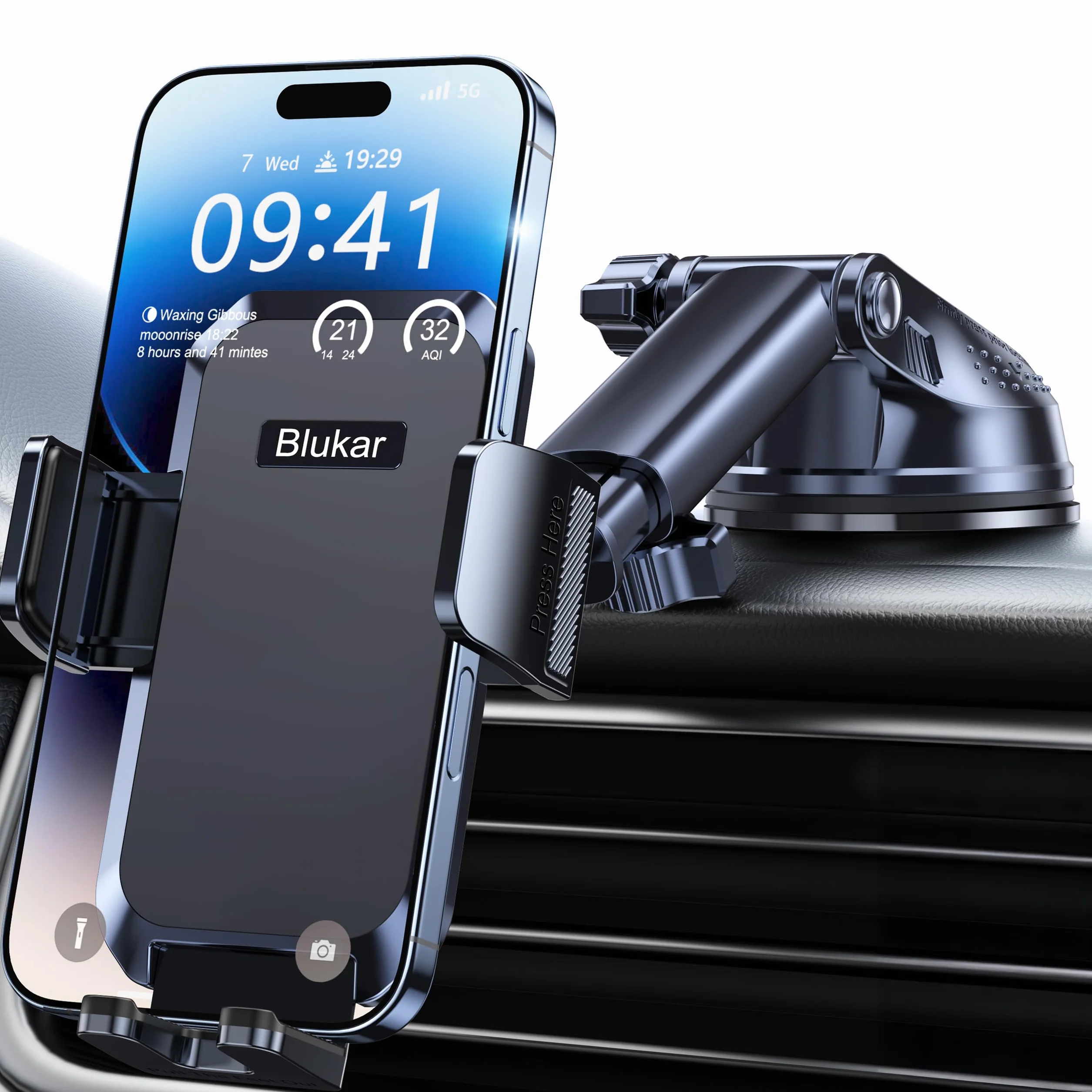 Blukar Soporte Móvil Coche, 2023 Upgraded Ajustable Soporte Teléfono Coche con Ventosa Fuerte & 360° Rotación - Liberación de un Botón Porta Movil Coche para Todos los Teléfonos de 4.0''-7.0'' (Negro)