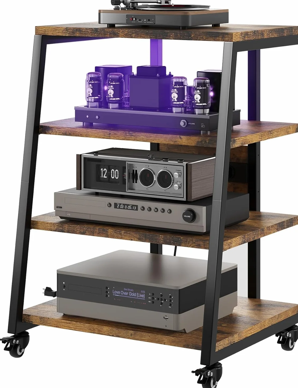 Mueble HiFi con 4 estantes de madera, soporte para mueble de cadena HiFi para platino, vinilo, mueble de audio, vídeo, giro disco/TV estéreo/reproductor de DVD, altura ajustable, capacidad de carga 50