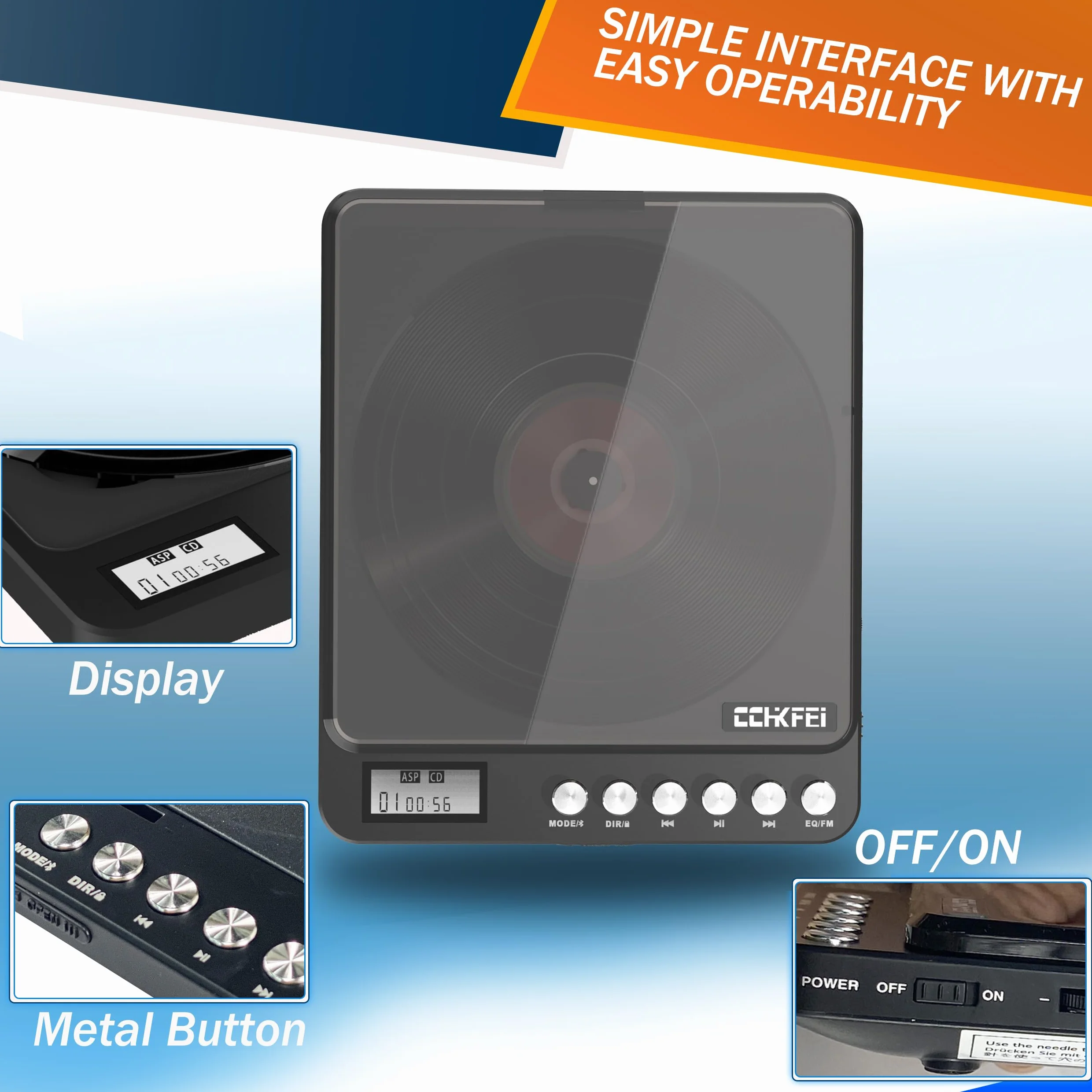 Reproductor de CD Portátil con Bluetooth 2000mAh Recargable Transmisor FM, Doble Jack 3.5mm para Coche
